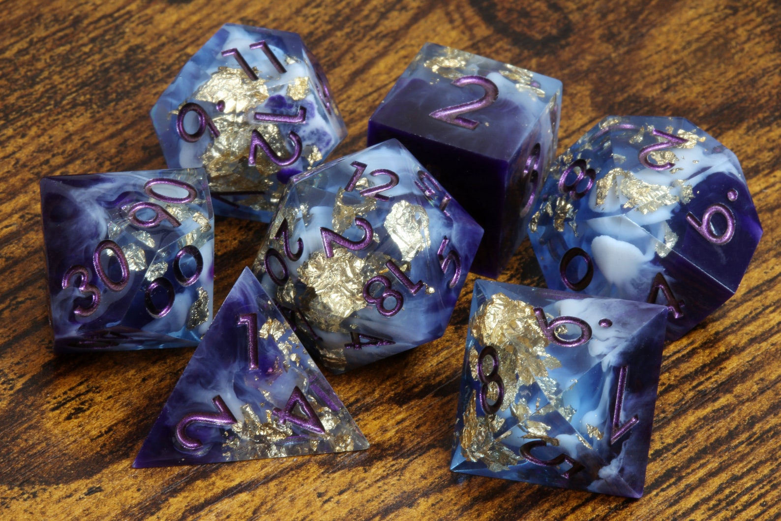 Majestic Twilight dice set - sharp edge dice set with deep purple and white resin with gold flakes - The Wizard's Vault