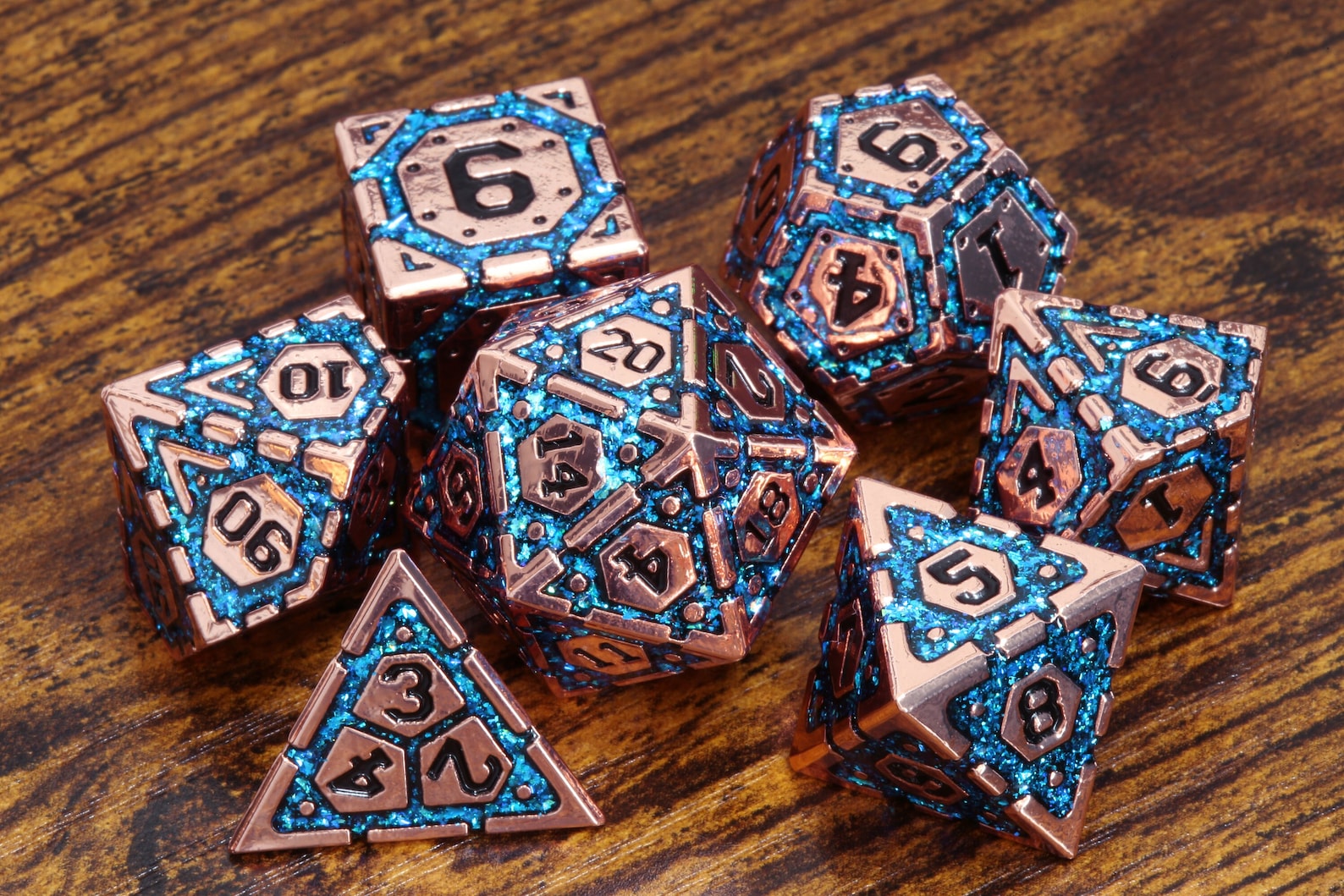 Azure Vault dice set- Heavy Copper metal dice with blue iridescent mica - The Wizard's Vault