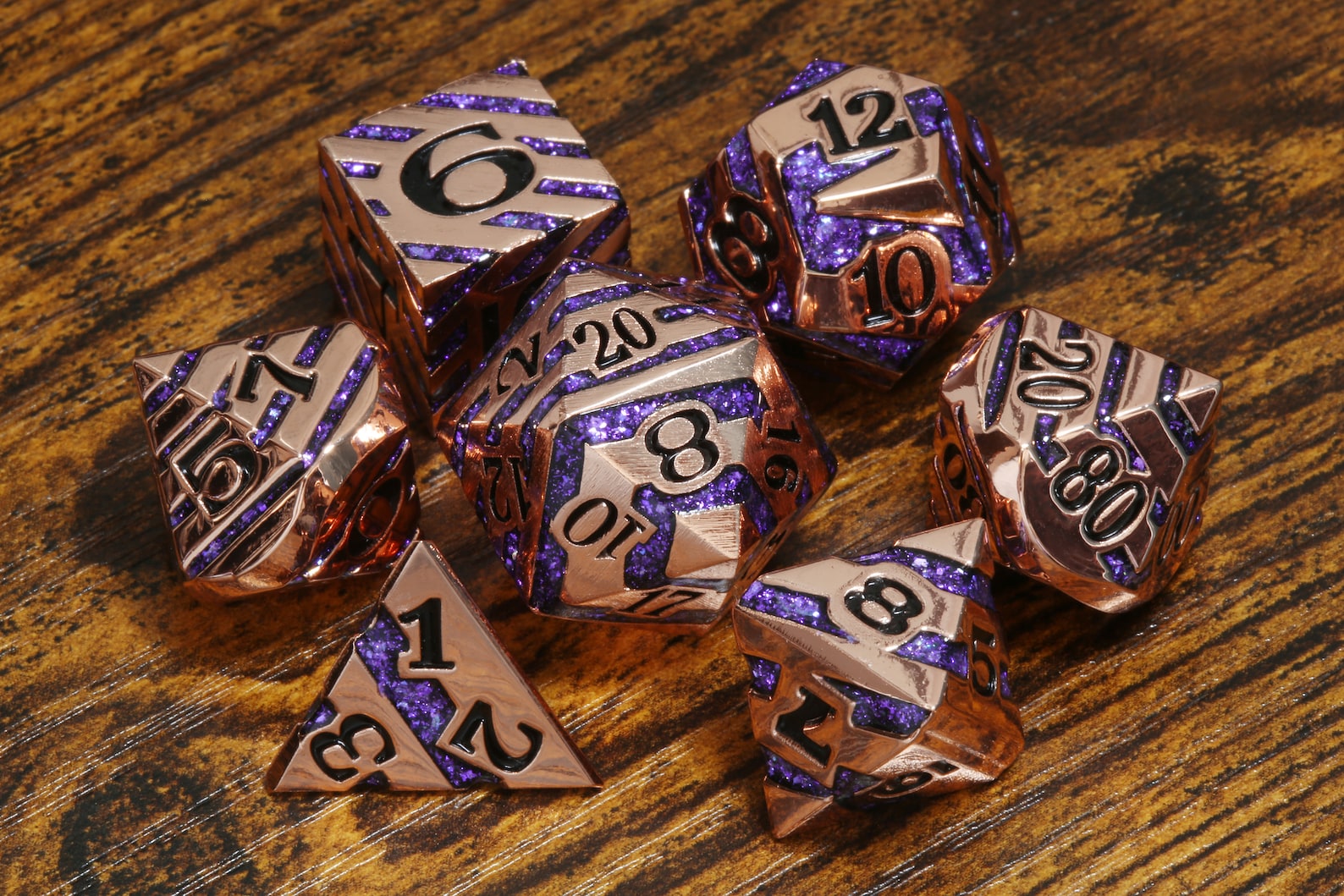 Rift Artifact - Heavy shiny copper metal dice with iridescent purple stripe - The Wizard's Vault