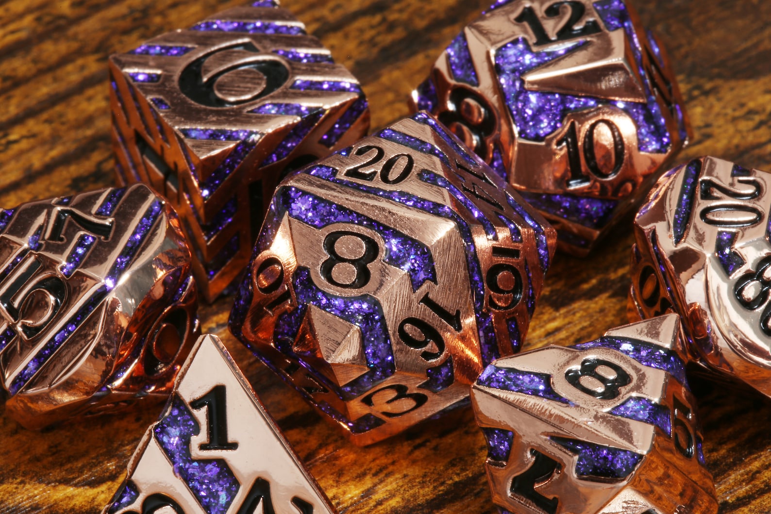 Rift Artifact - Heavy shiny copper metal dice with iridescent purple stripe - The Wizard's Vault