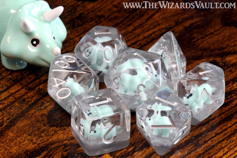 Baby Triceratops dice set, Mint Green, Dinosaur dice - The Wizard's Vault