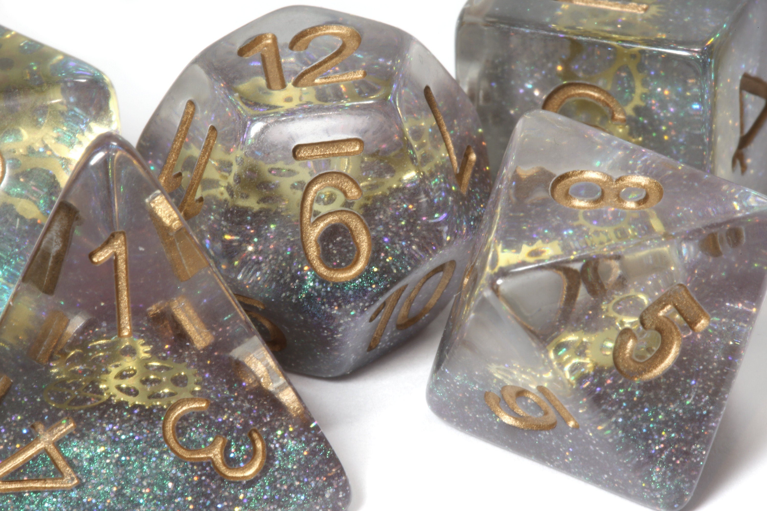 Aether Sprockets DND Dice set with small golden gear - The Wizard's Vault