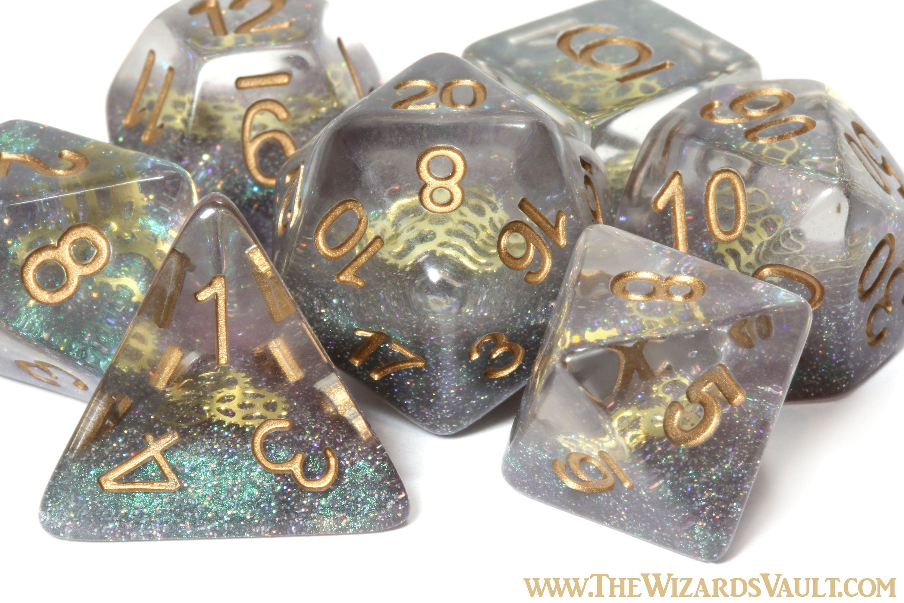 Aether Sprockets DND Dice set with small golden gear - The Wizard's Vault