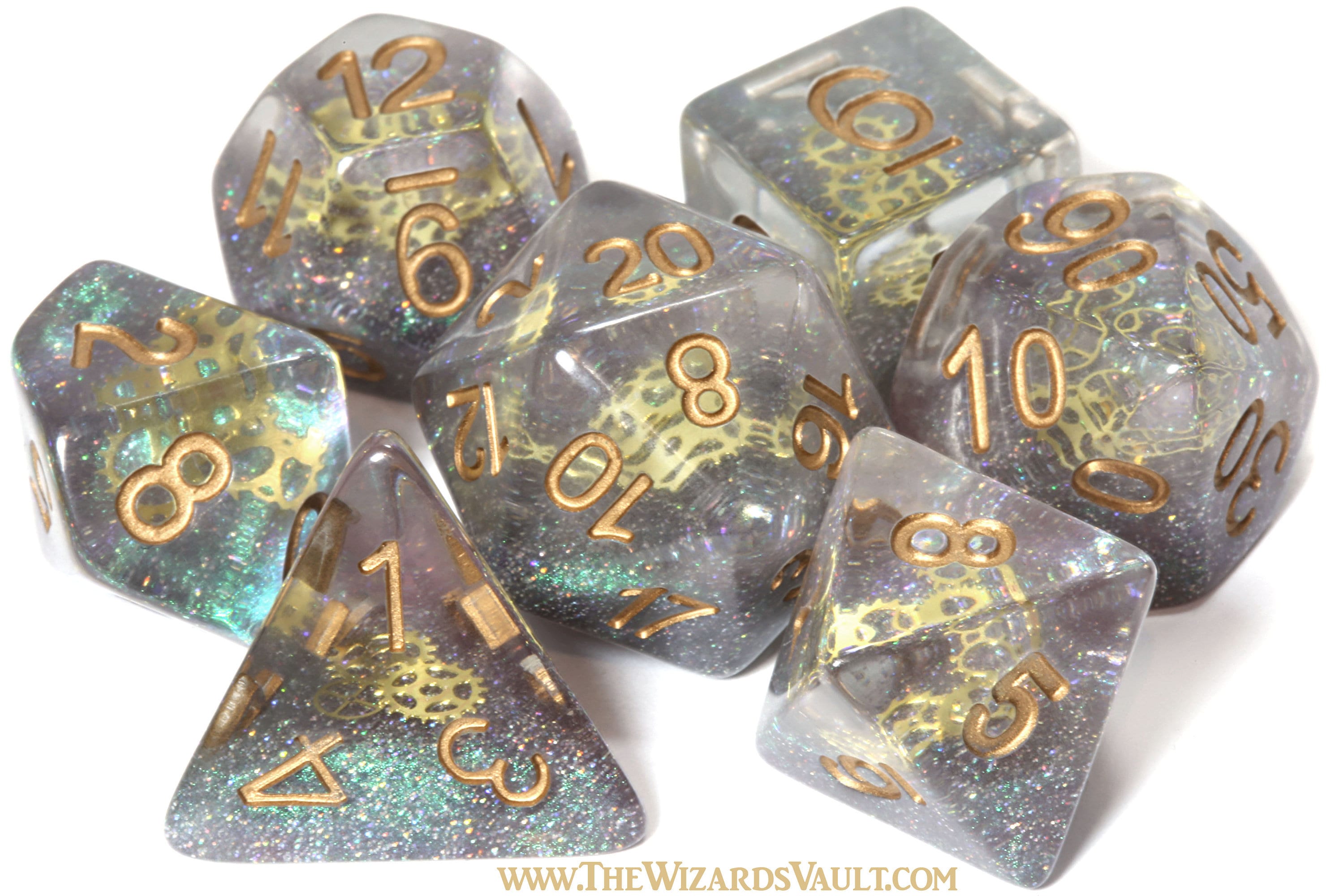 Aether Sprockets DND Dice set with small golden gear - The Wizard's Vault