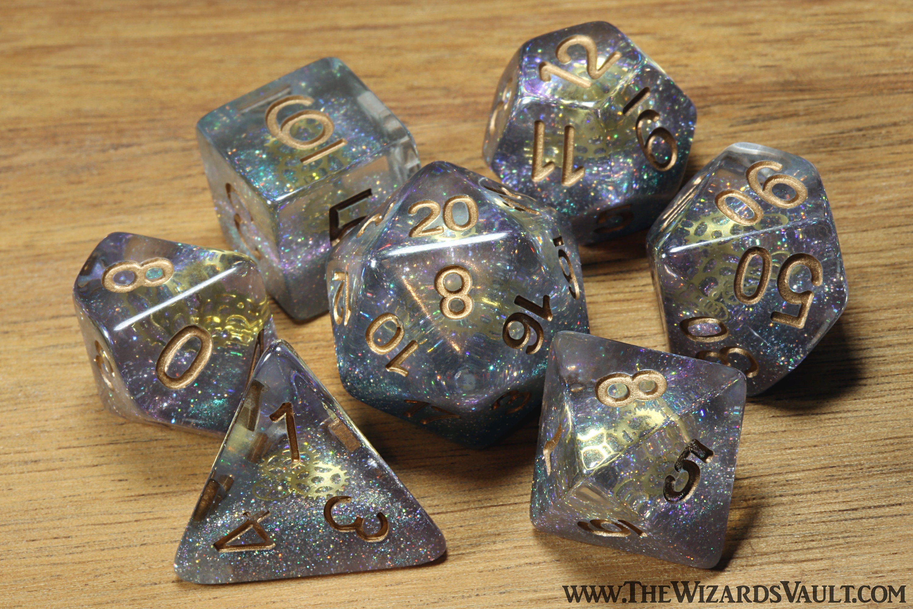 Aether Sprockets DND Dice set with small golden gear - The Wizard's Vault