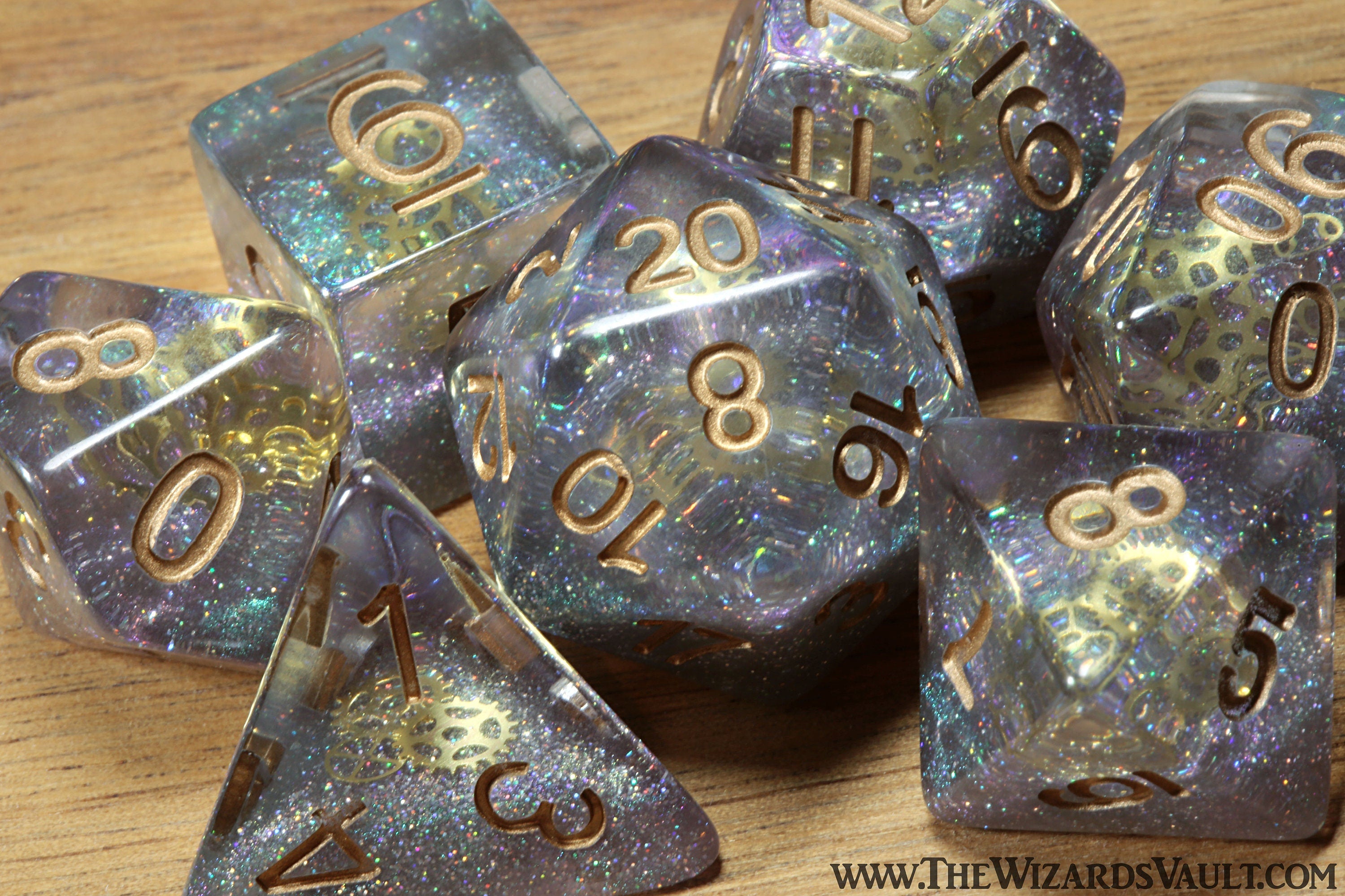 Aether Sprockets DND Dice set with small golden gear - The Wizard's Vault