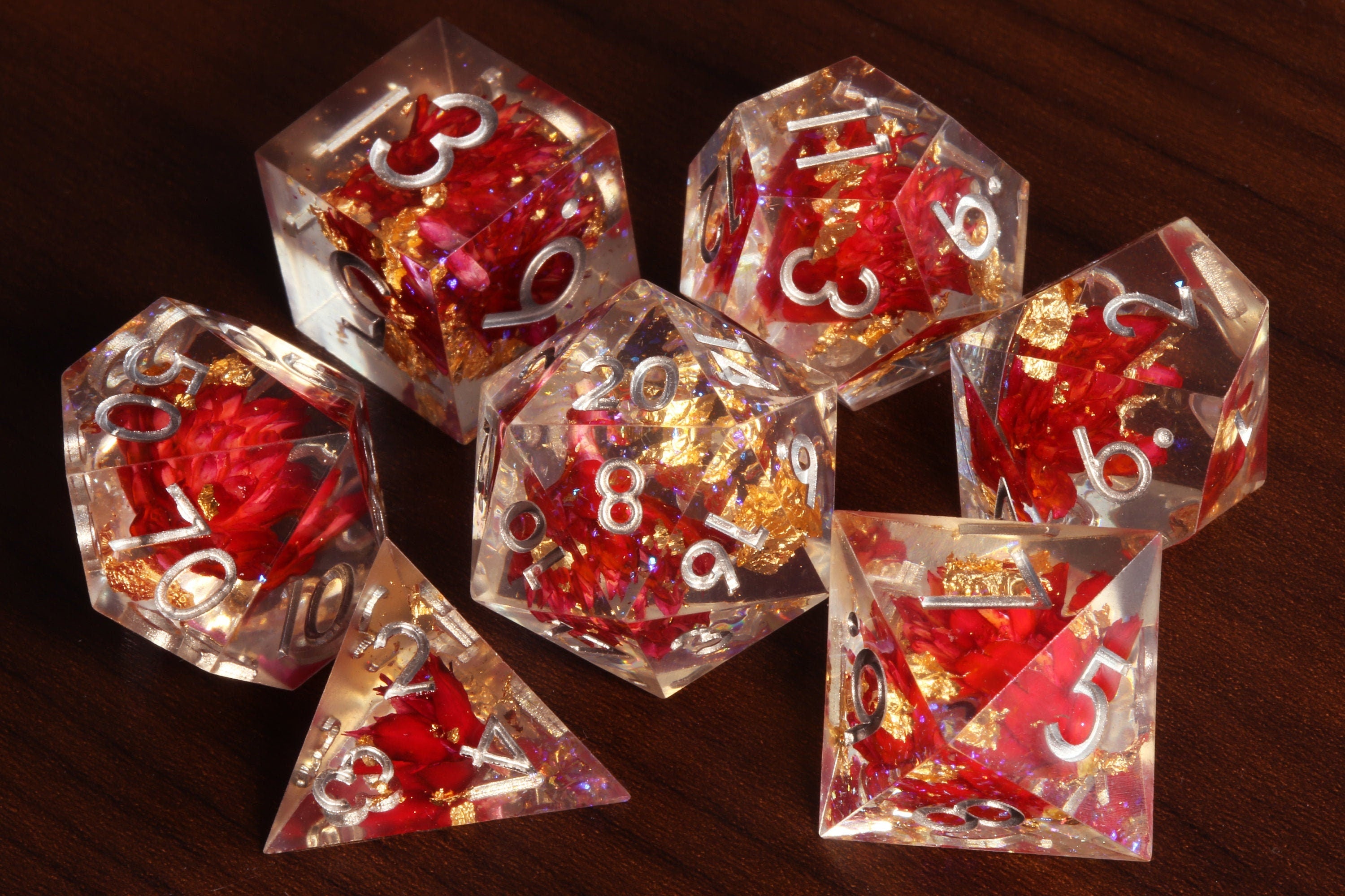 Red flowers sharp edge dice set with gold flakes and holographic glitters - The Wizard's Vault