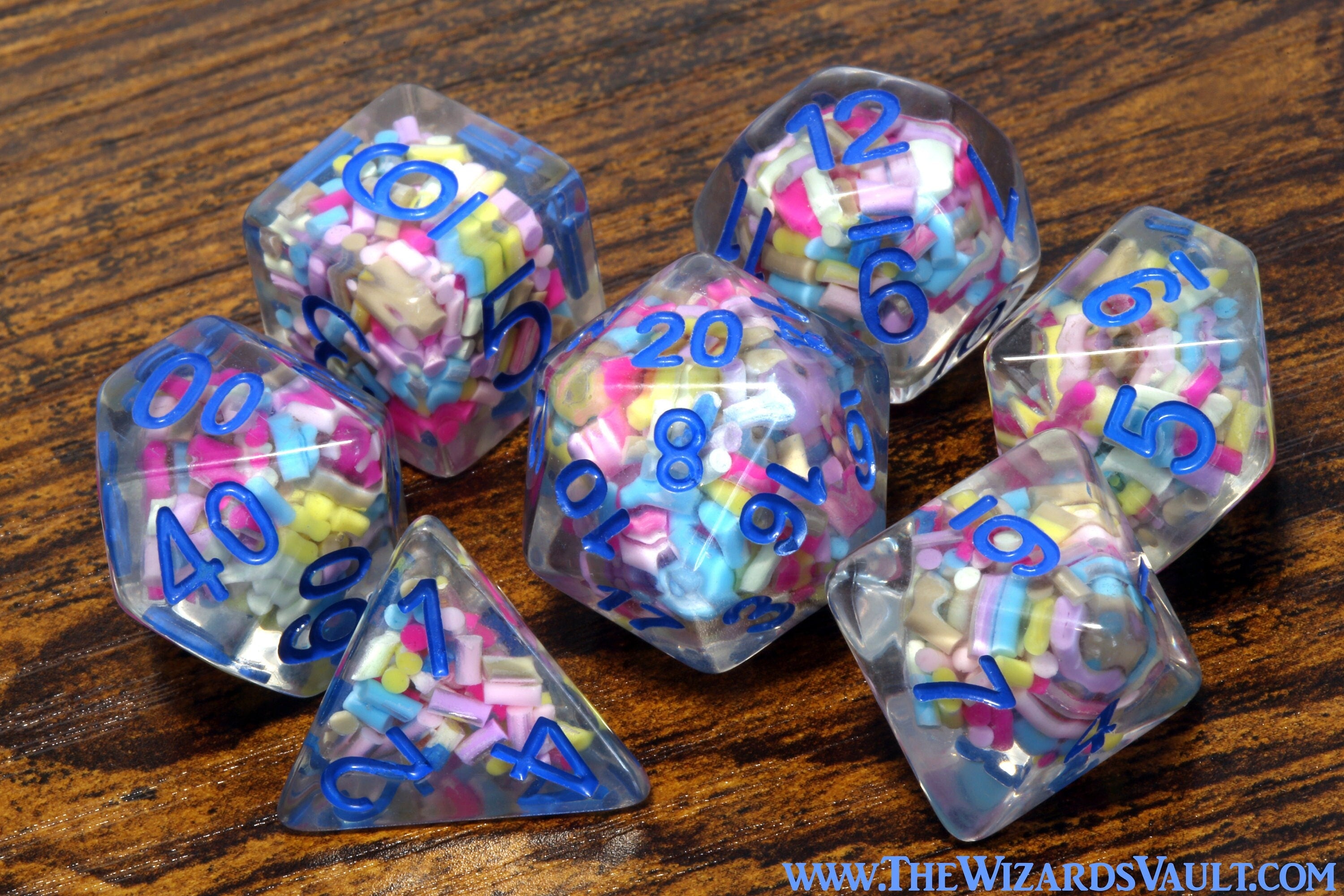 Funfetti cake dice set - Sprinkle core DND Dice, Colorful sprinkles in a clear resin & blue font, Perfect Dungeon Master Birthday Gift - The Wizard's Vault