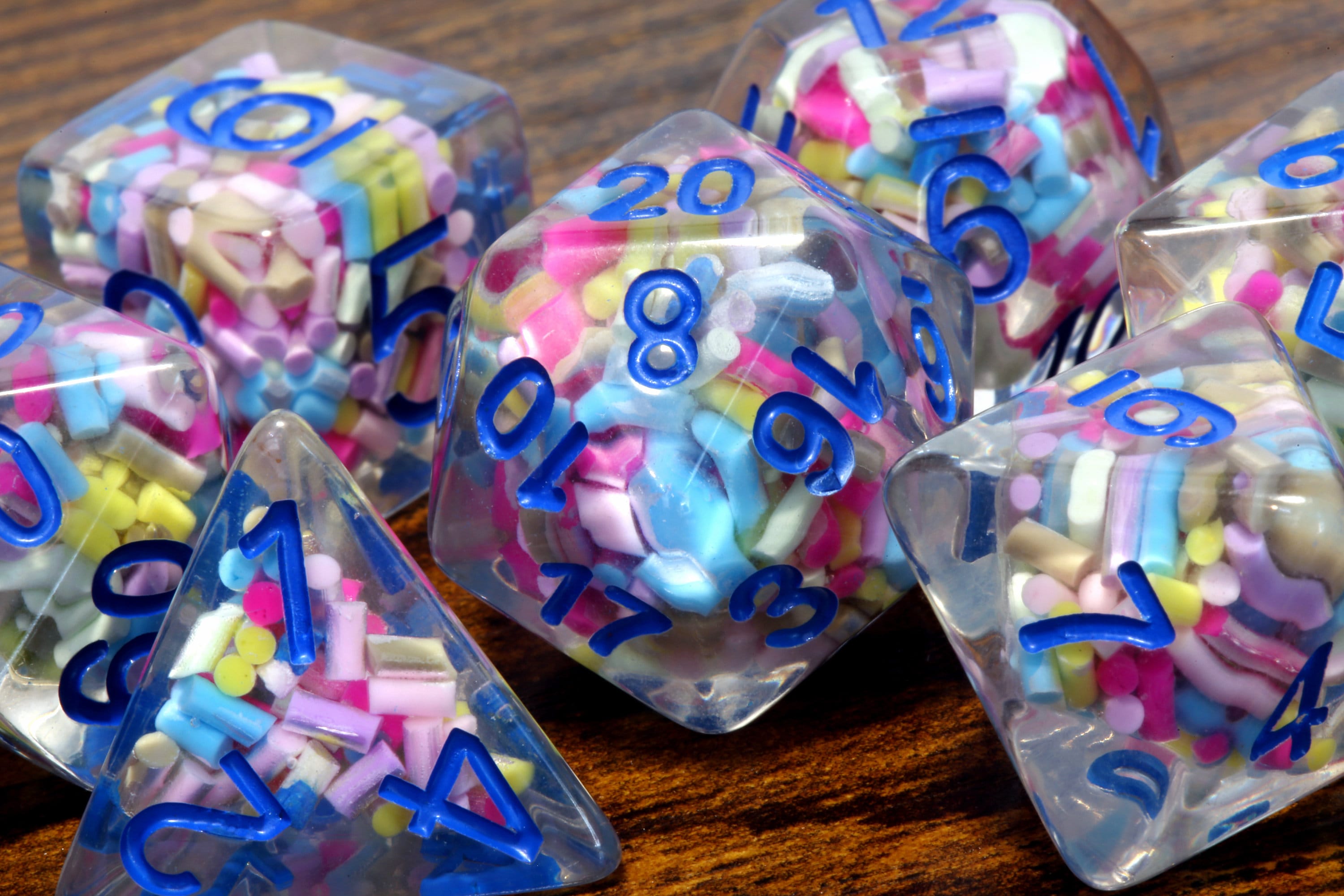 Funfetti cake dice set - Sprinkle core DND Dice, Colorful sprinkles in a clear resin & blue font, Perfect Dungeon Master Birthday Gift - The Wizard's Vault