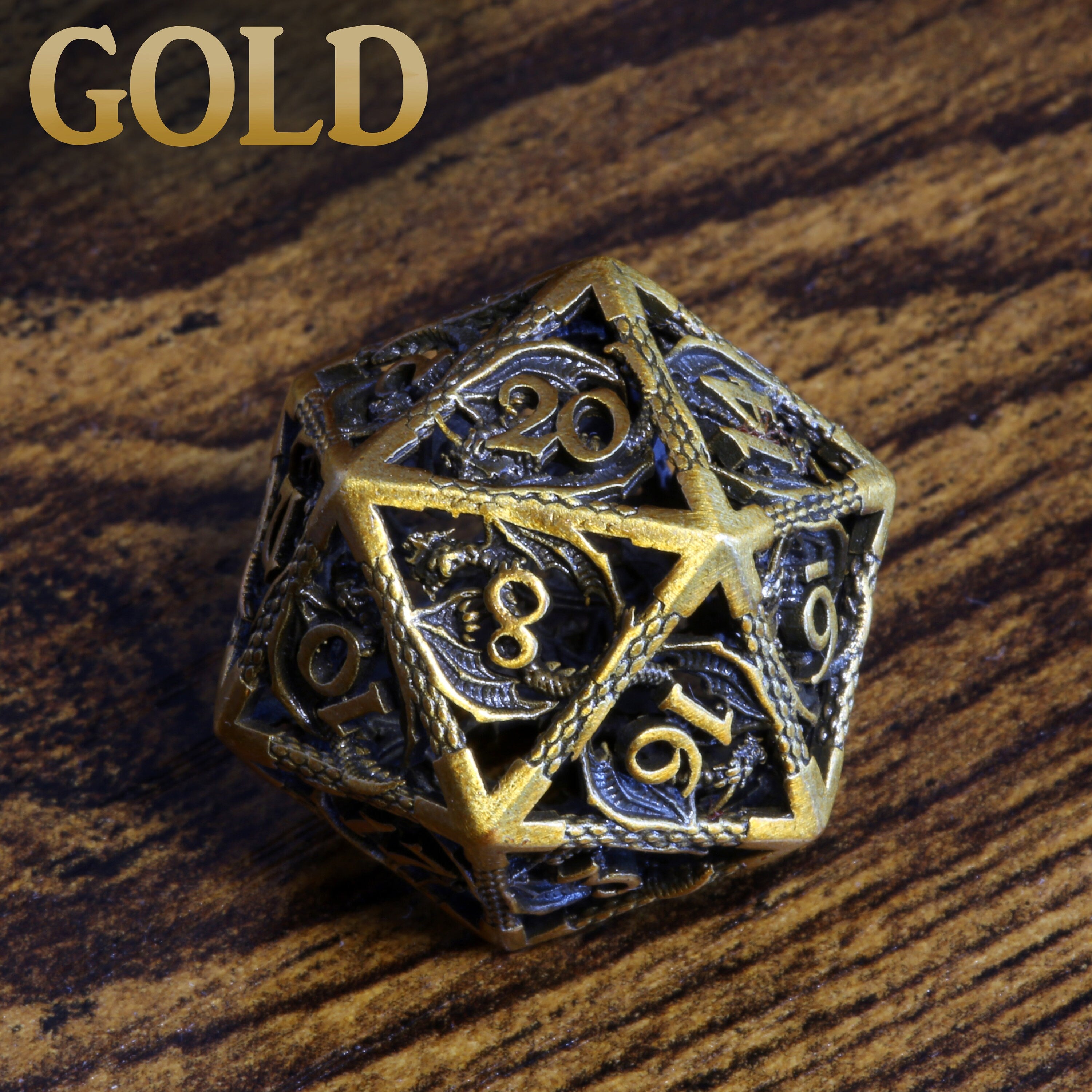 Metallic Dragon Dice Set - Hollow antique metal dice with dragon patterns - The Wizard's Vault