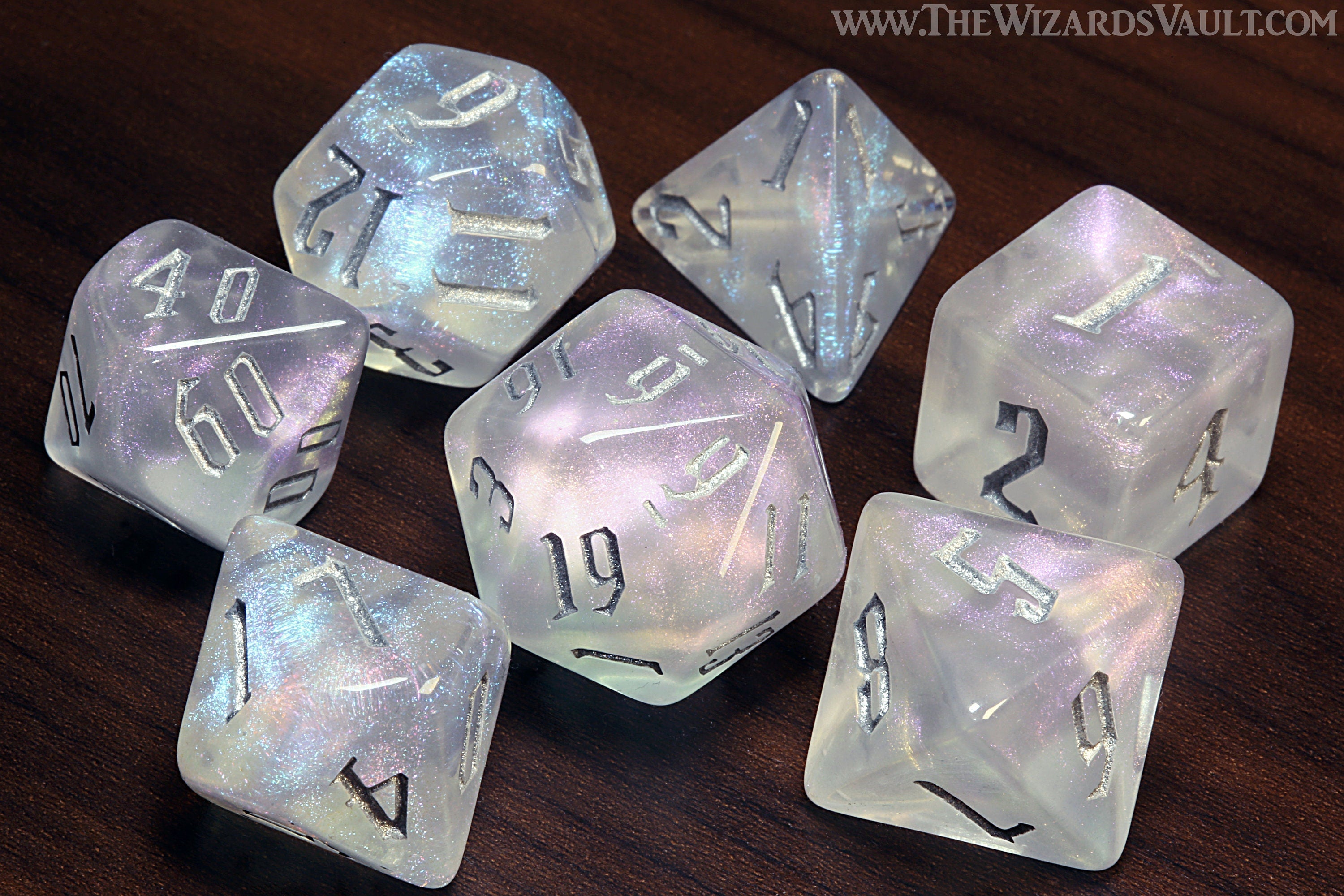 Divine Aura dice set - DND Dice,  White Semi-translucent with glitters, Dice set for Dungeons and Dragons - The Wizard's Vault