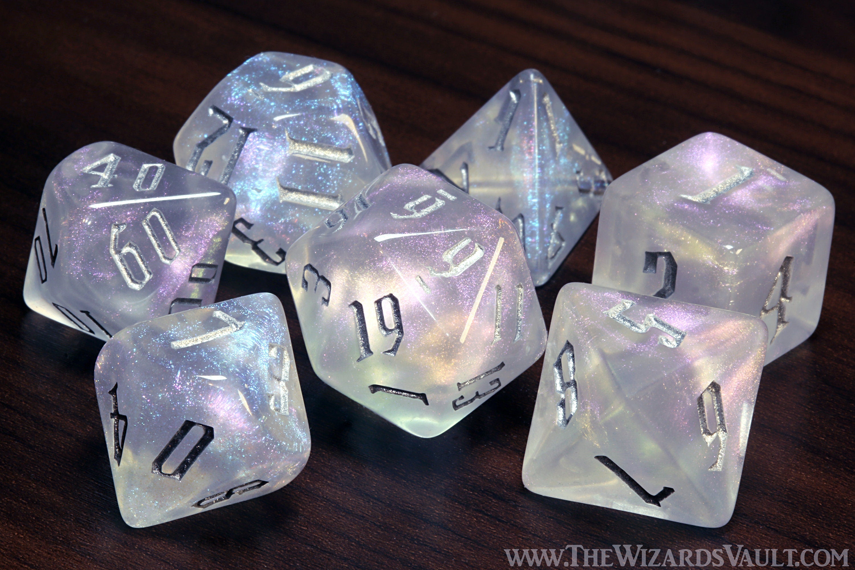 Divine Aura dice set - DND Dice,  White Semi-translucent with glitters, Dice set for Dungeons and Dragons - The Wizard's Vault