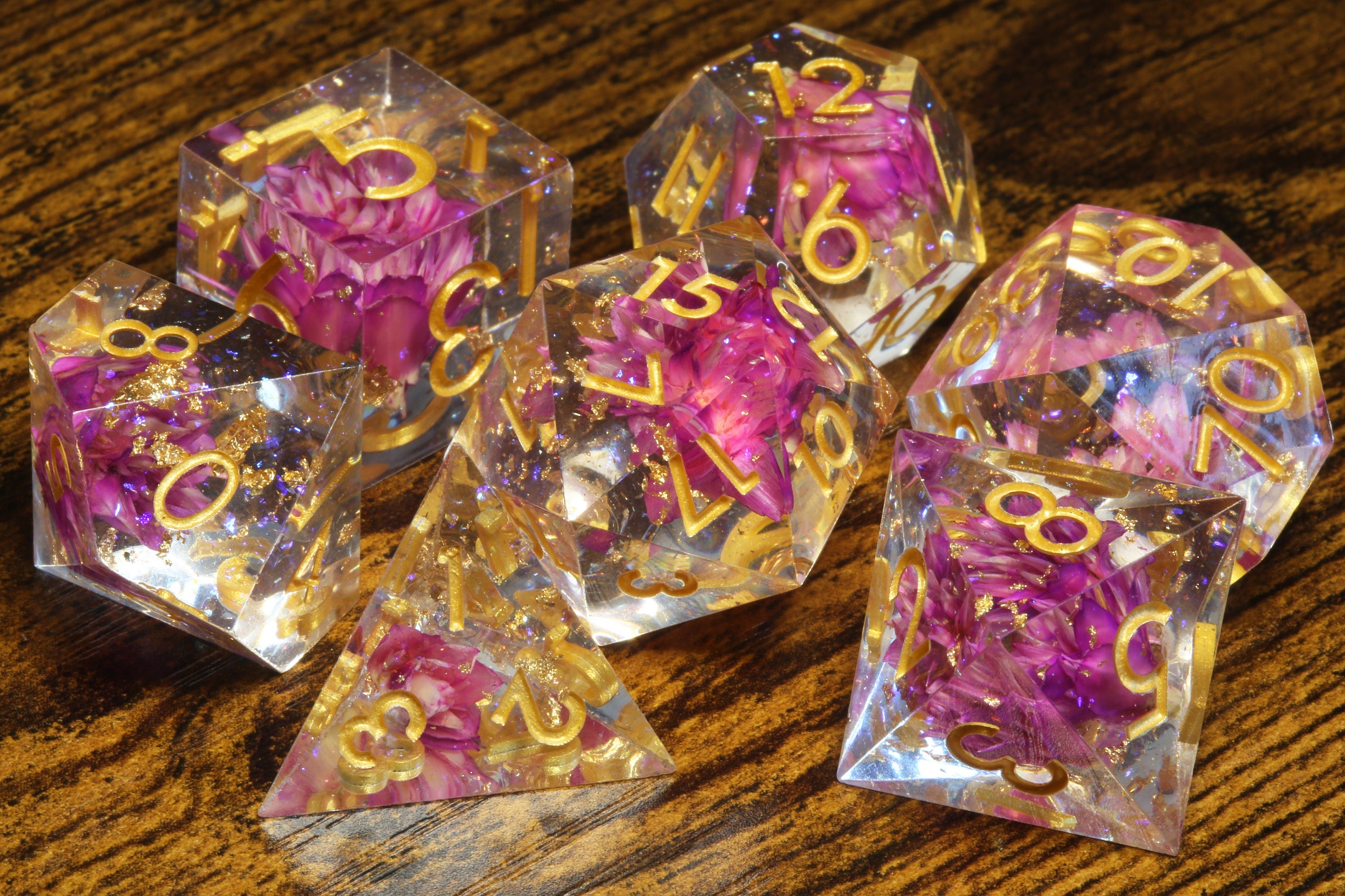 Fuchsia Pink flowers sharp edge dice set with gold flakes and holographic glitters - The Wizard's Vault