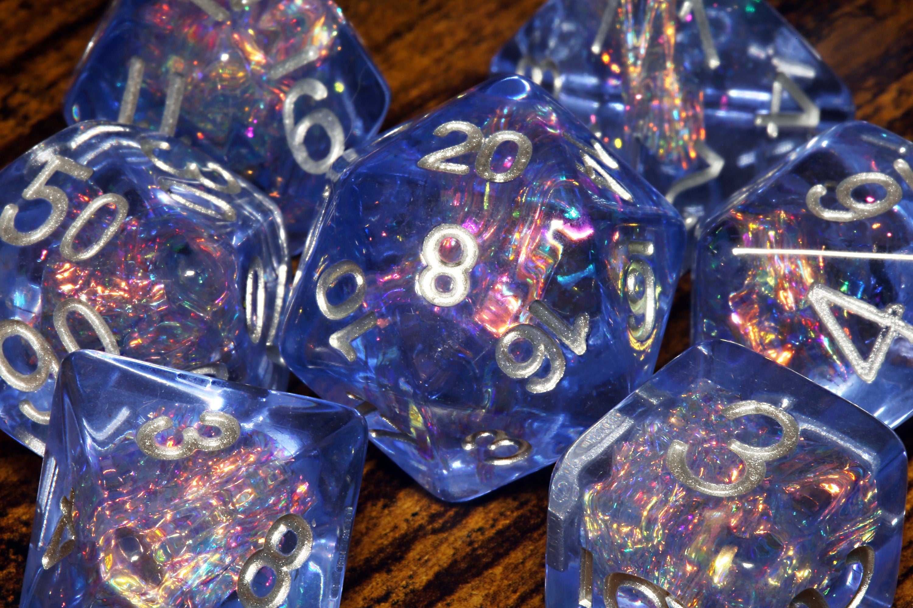 Thunder Wave dice set with Holographic inclusions DND Dice, Transparent blue with holo glitter , Role Playing games Dice storage, D&D Dice - The Wizard's Vault