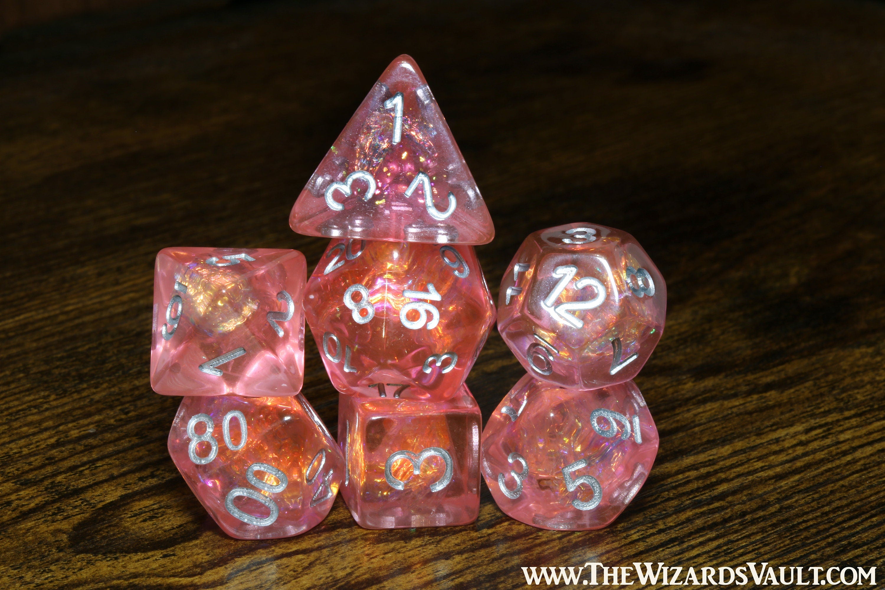 Fire Burst dice set with Holographic foil inclusions DND Dice, Transparent red orange coral pink , Role Playing games Dice storage, D&D - The Wizard's Vault