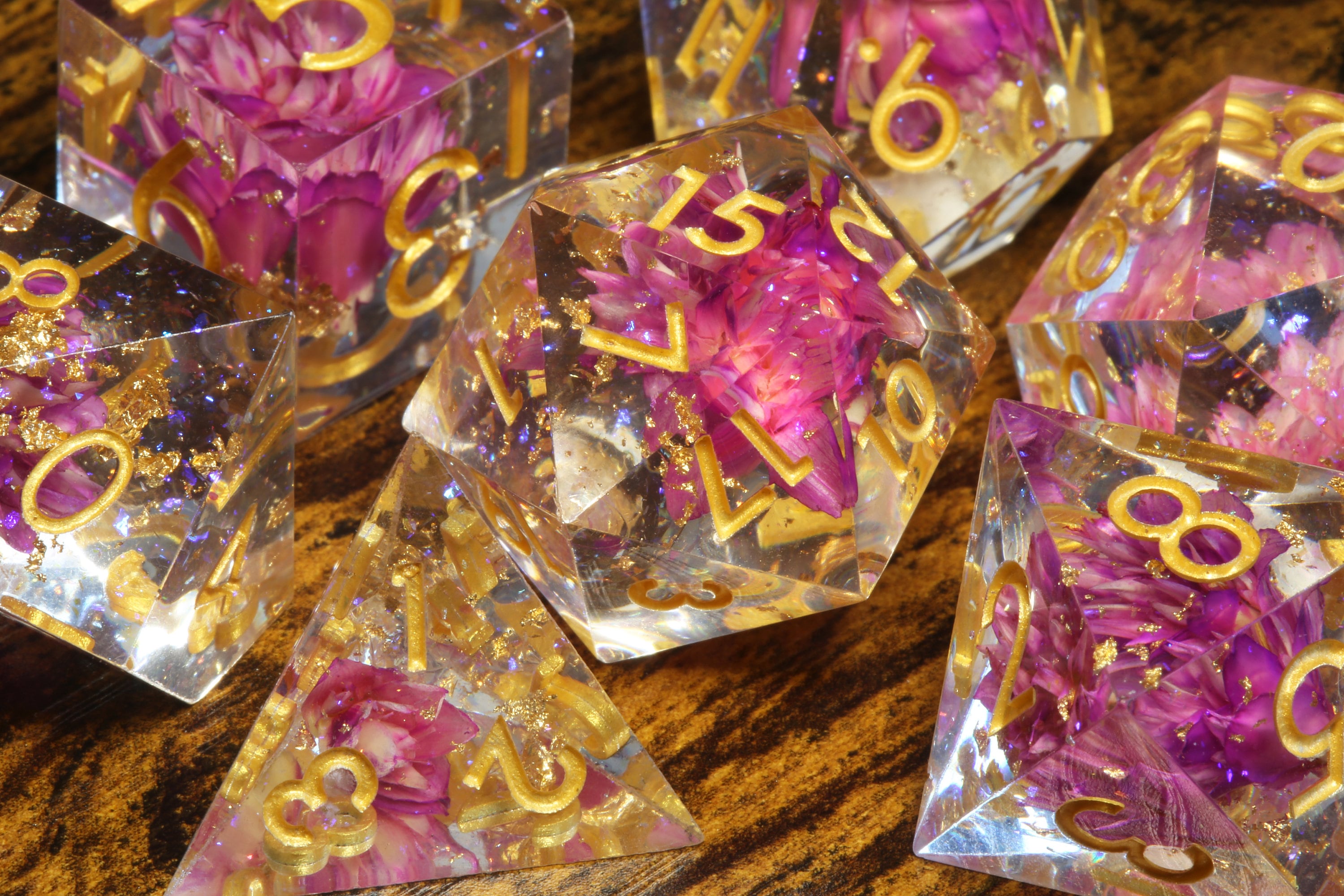 Fuchsia Pink flowers sharp edge dice set with gold flakes and holographic glitters - The Wizard's Vault