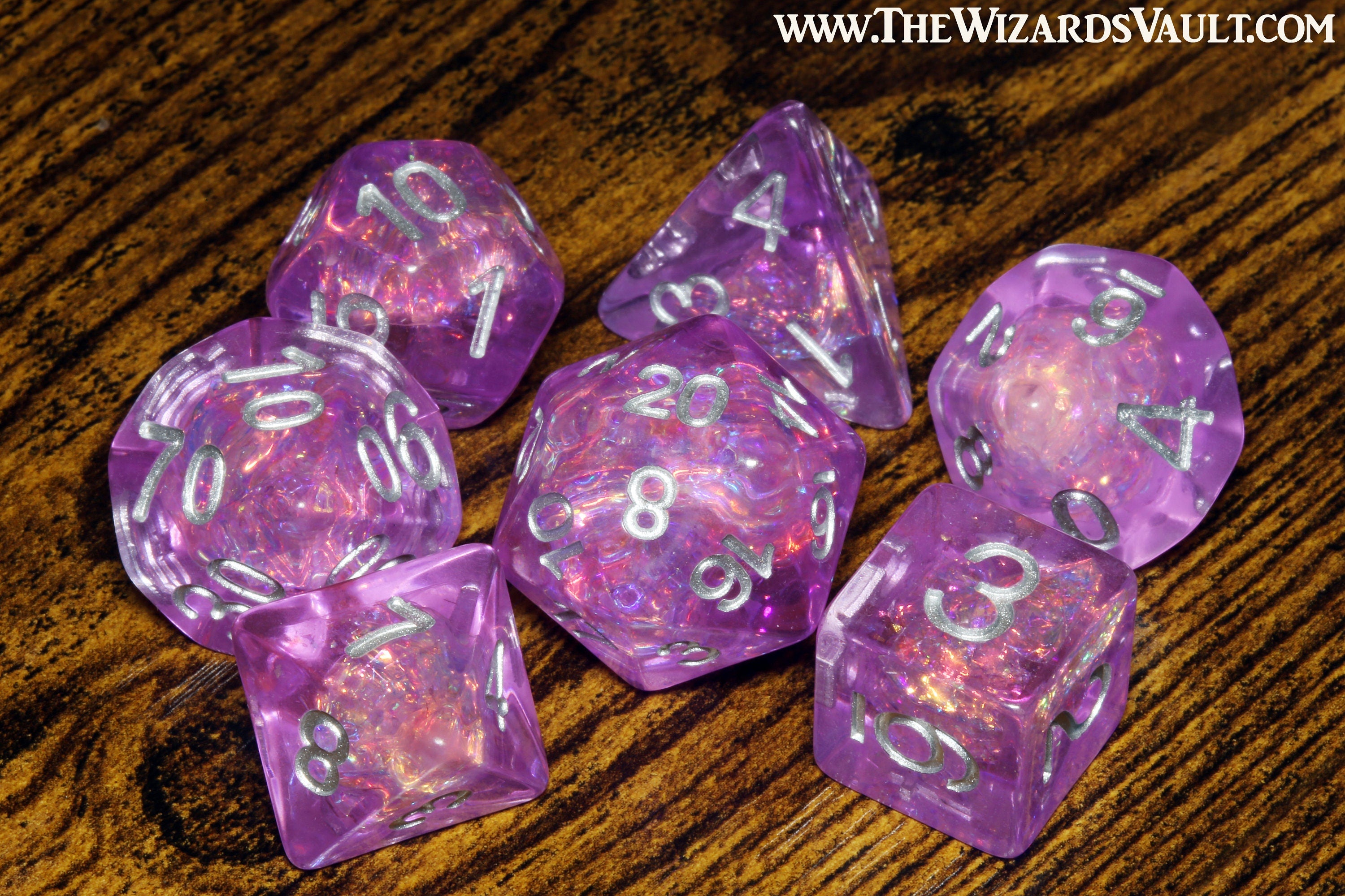 Purple dice set with Holographic inclusions DND Dice, Transparent violet with holo glitter , Role Playing games Dice storage, D&D Dice - The Wizard's Vault