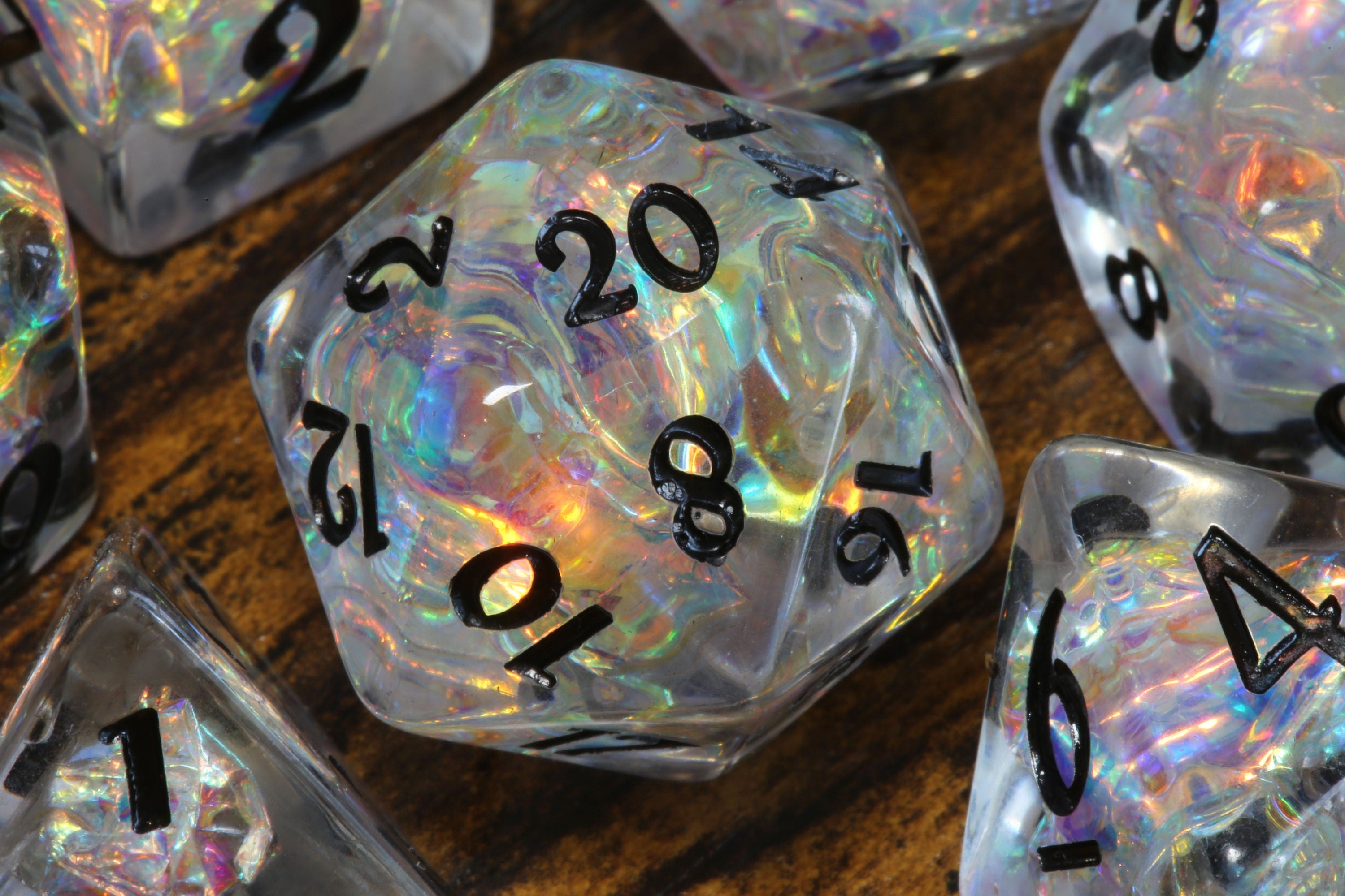 Icy Opal dice set - Clear Holo dice - Dice set with rainbow holographic inclusions - The Wizard's Vault
