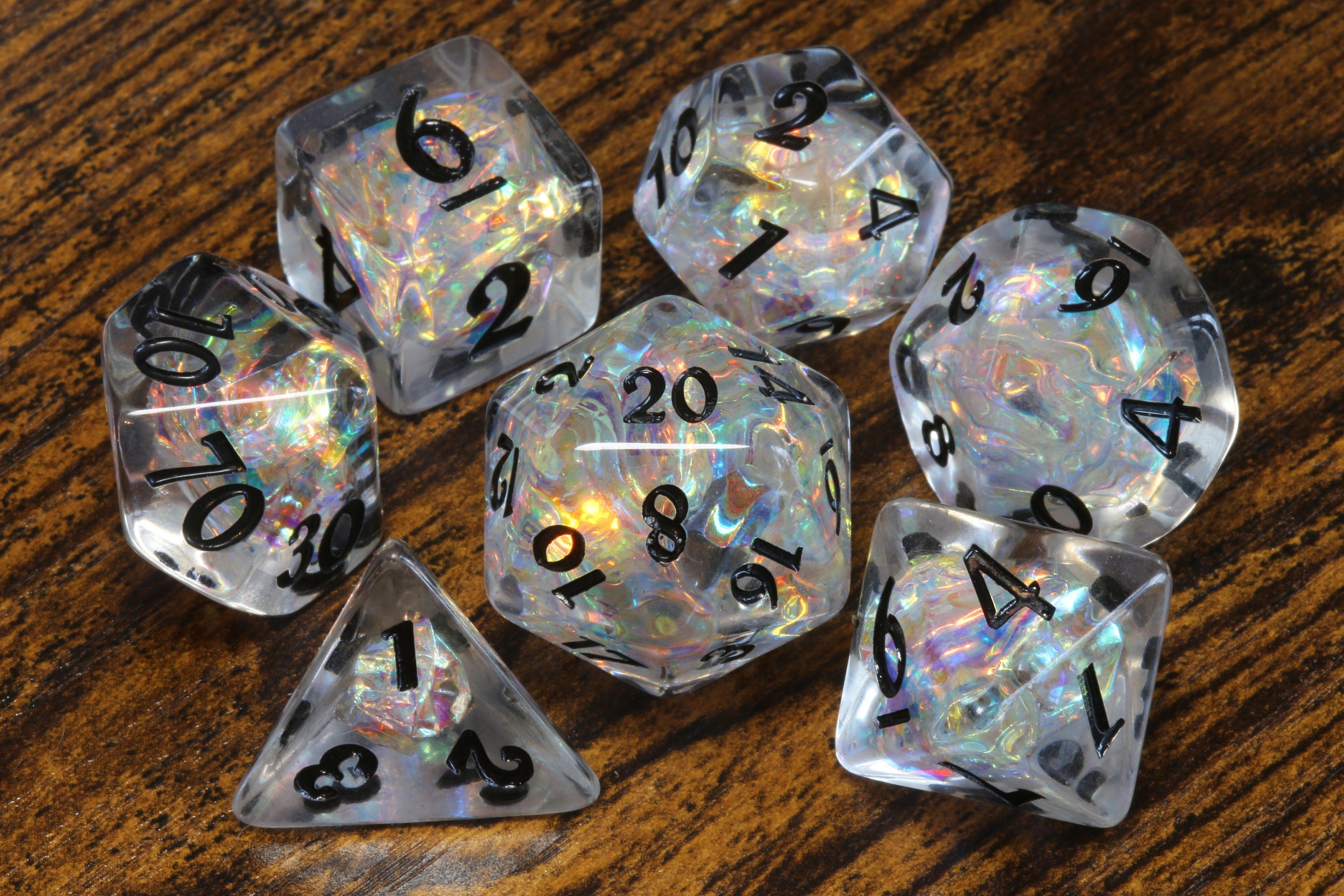 Icy Opal dice set - Clear Holo dice - Dice set with rainbow holographic inclusions - The Wizard's Vault