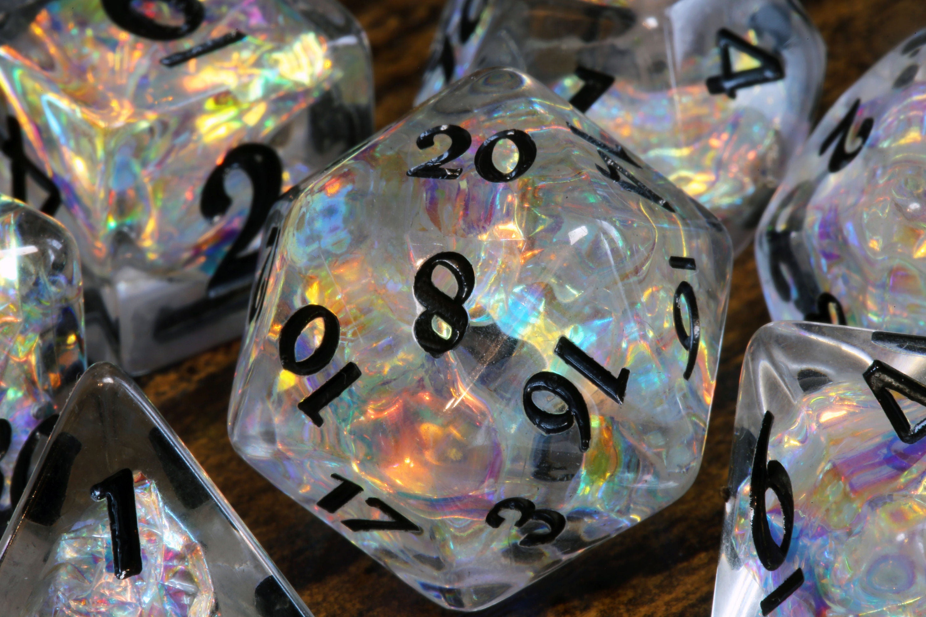 Icy Opal dice set - Clear Holo dice - Dice set with rainbow holographic inclusions - The Wizard's Vault