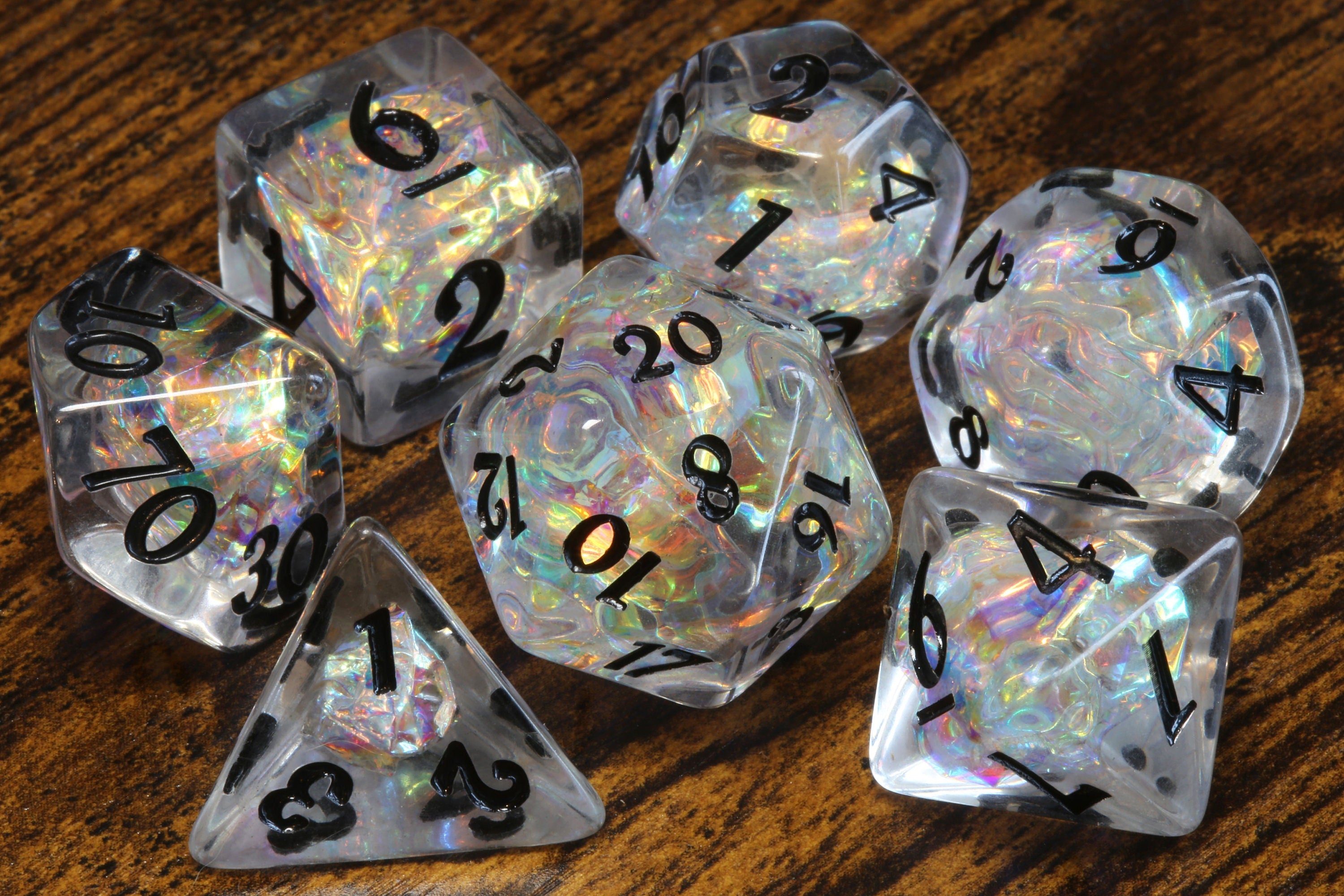 Icy Opal dice set - Clear Holo dice - Dice set with rainbow holographic inclusions - The Wizard's Vault