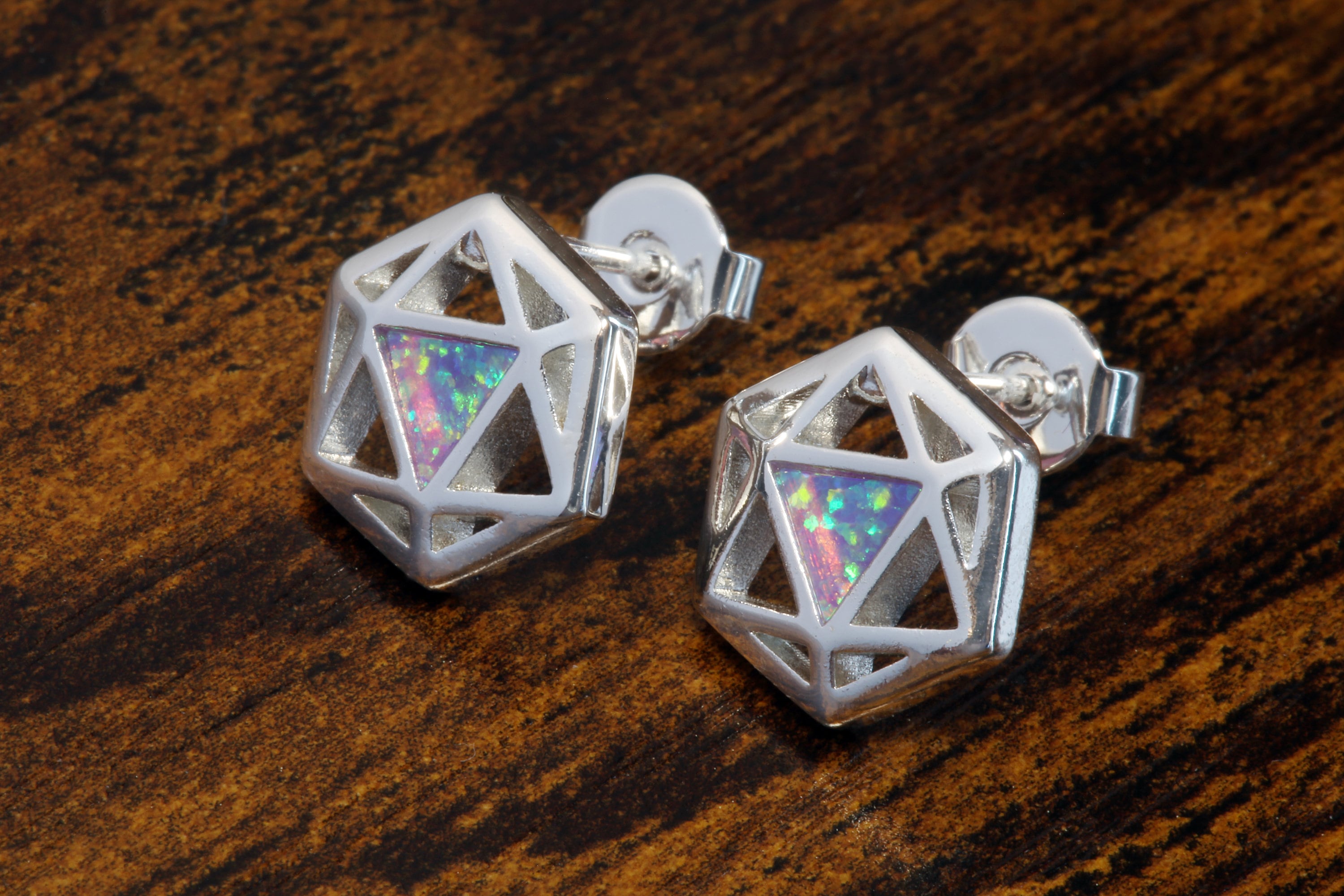 D20 Dice stud earrings, Dice earrings with a lilac purple opal - The Wizard's Vault