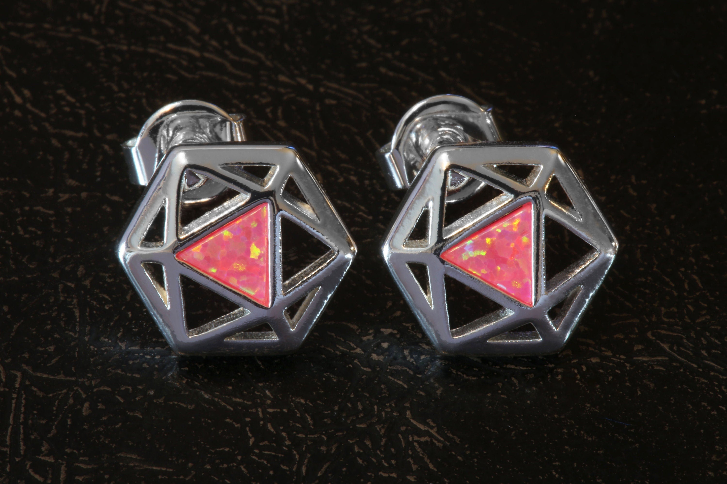 D20 Dice stud earrings, Dice earrings with pink opal - The Wizard's Vault
