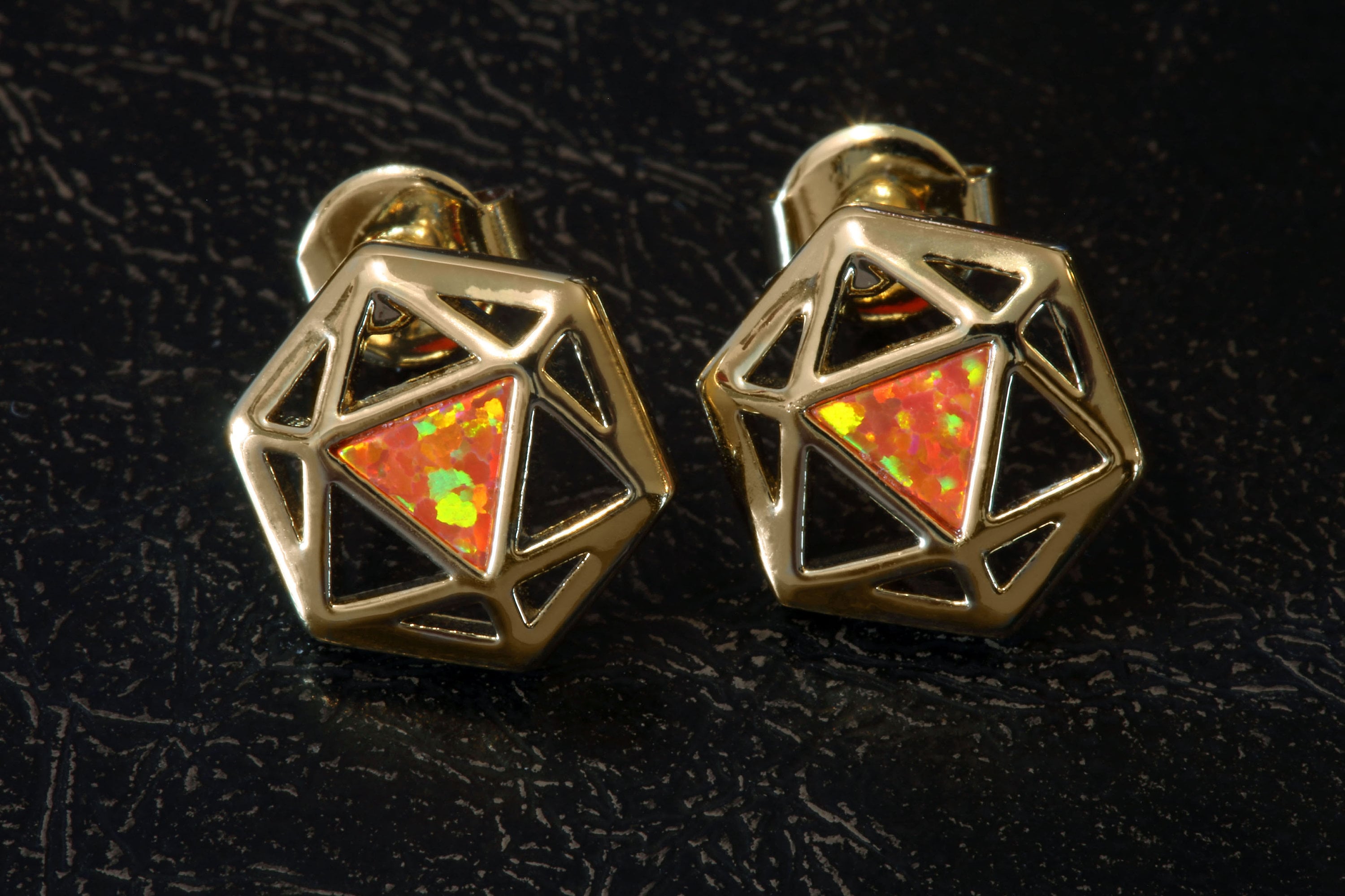 D20 Dice stud earrings, Golden dice earrings with fiery orange opal - The Wizard's Vault