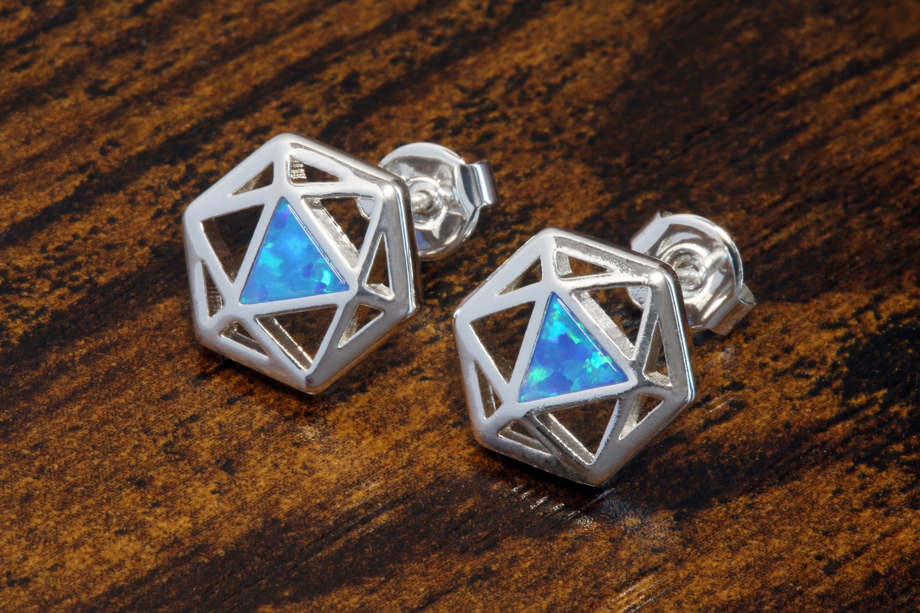D20 Dice stud earrings, Dice earrings with blue opal - The Wizard's Vault