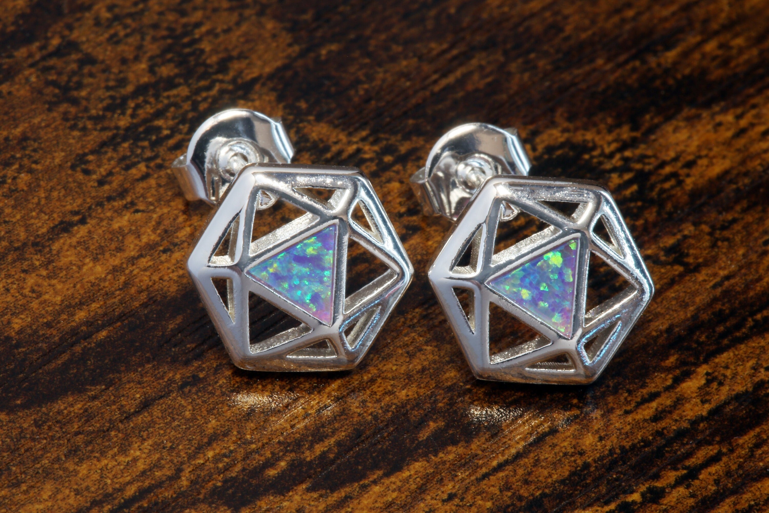 D20 Dice stud earrings, Dice earrings with a lilac purple opal - The Wizard's Vault