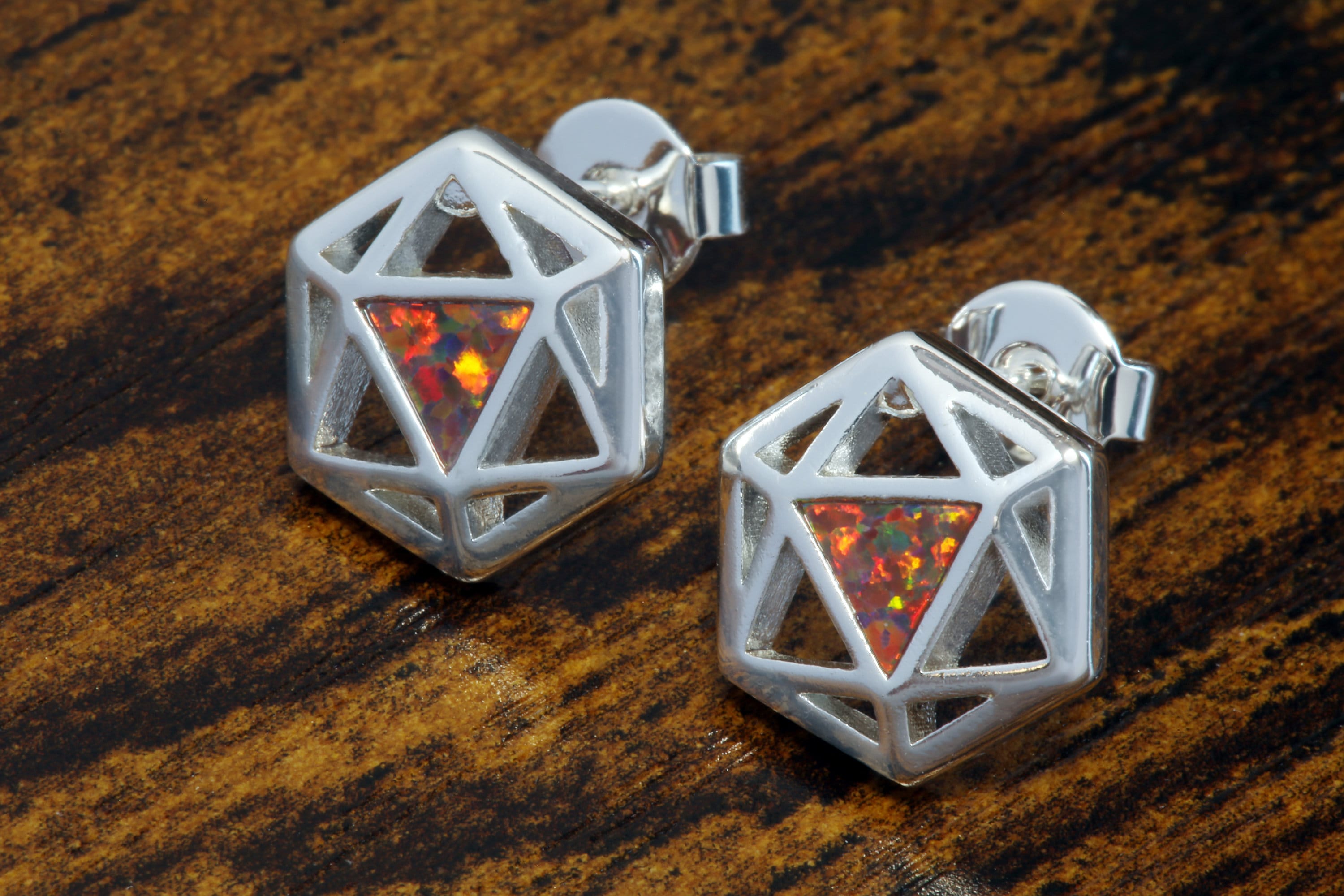 D20 Dice stud earrings, Dice earrings with a fire black opal - The Wizard's Vault