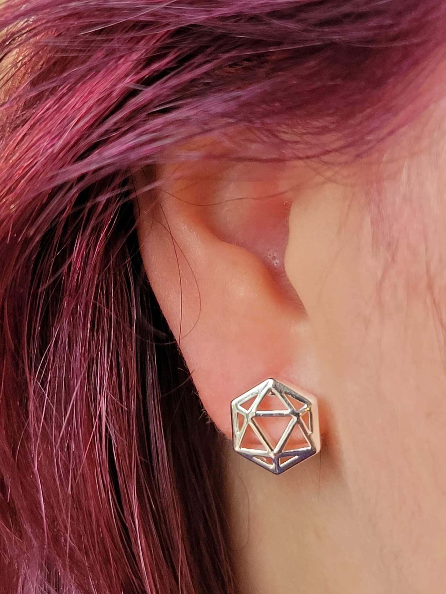 D20 Dice stud earrings, Golden dice earrings with fiery orange opal - The Wizard's Vault