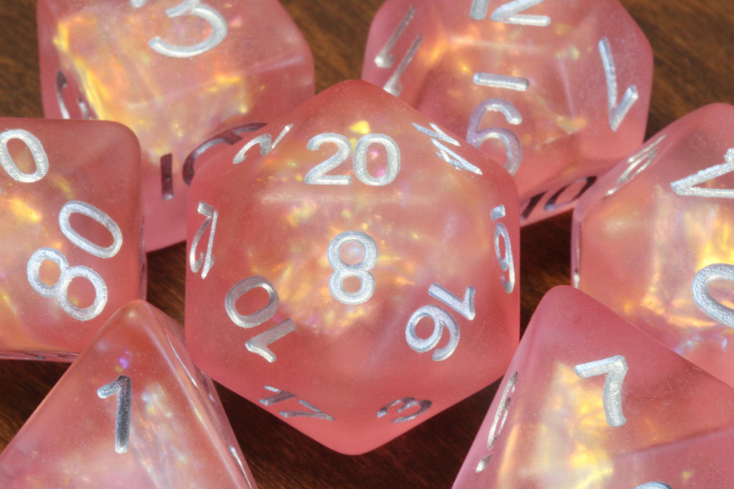 Fire Faerie dice set - Frosted dice set with Holographic inclusions - The Wizard's Vault