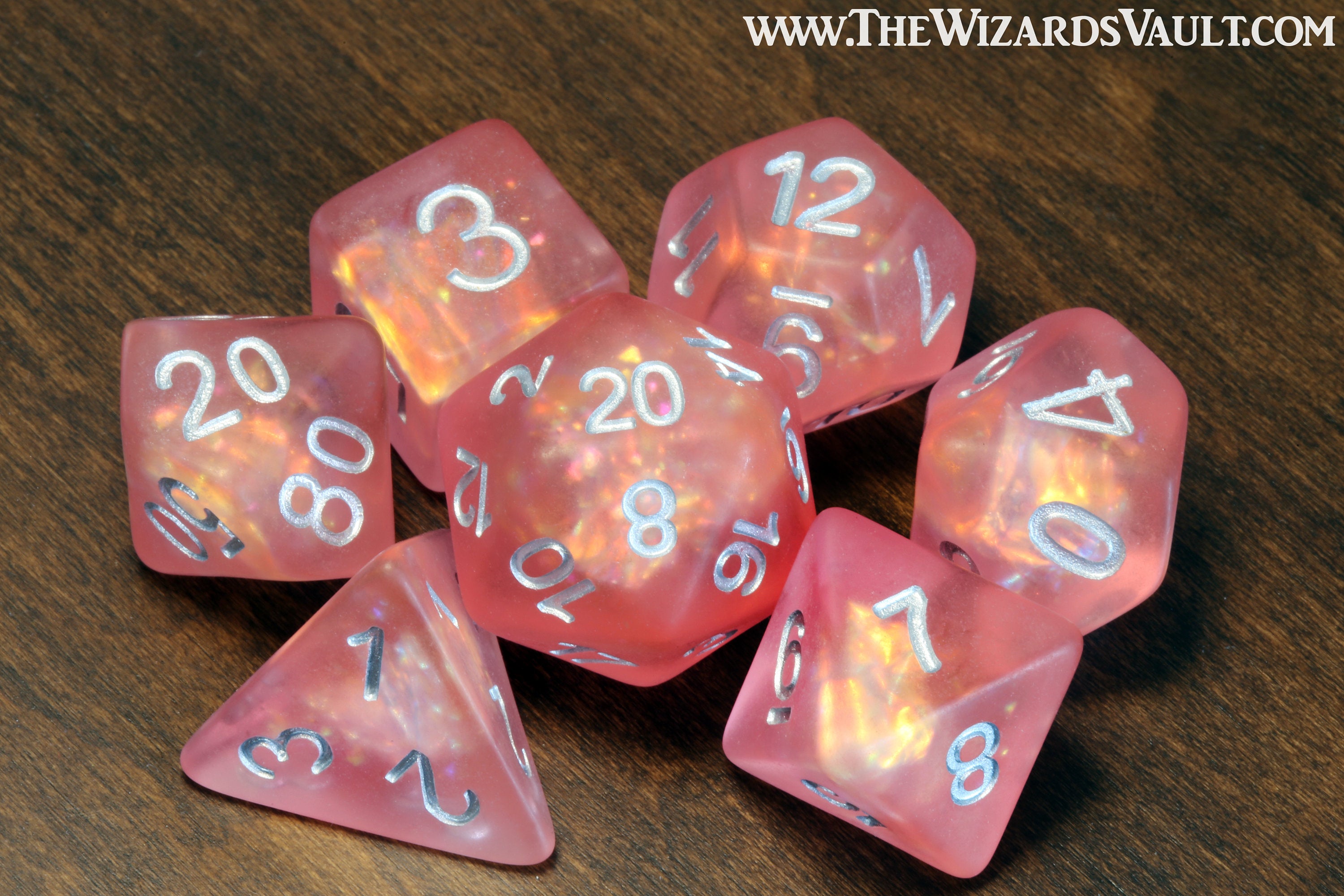 Fire Faerie dice set - Frosted dice set with Holographic inclusions - The Wizard's Vault