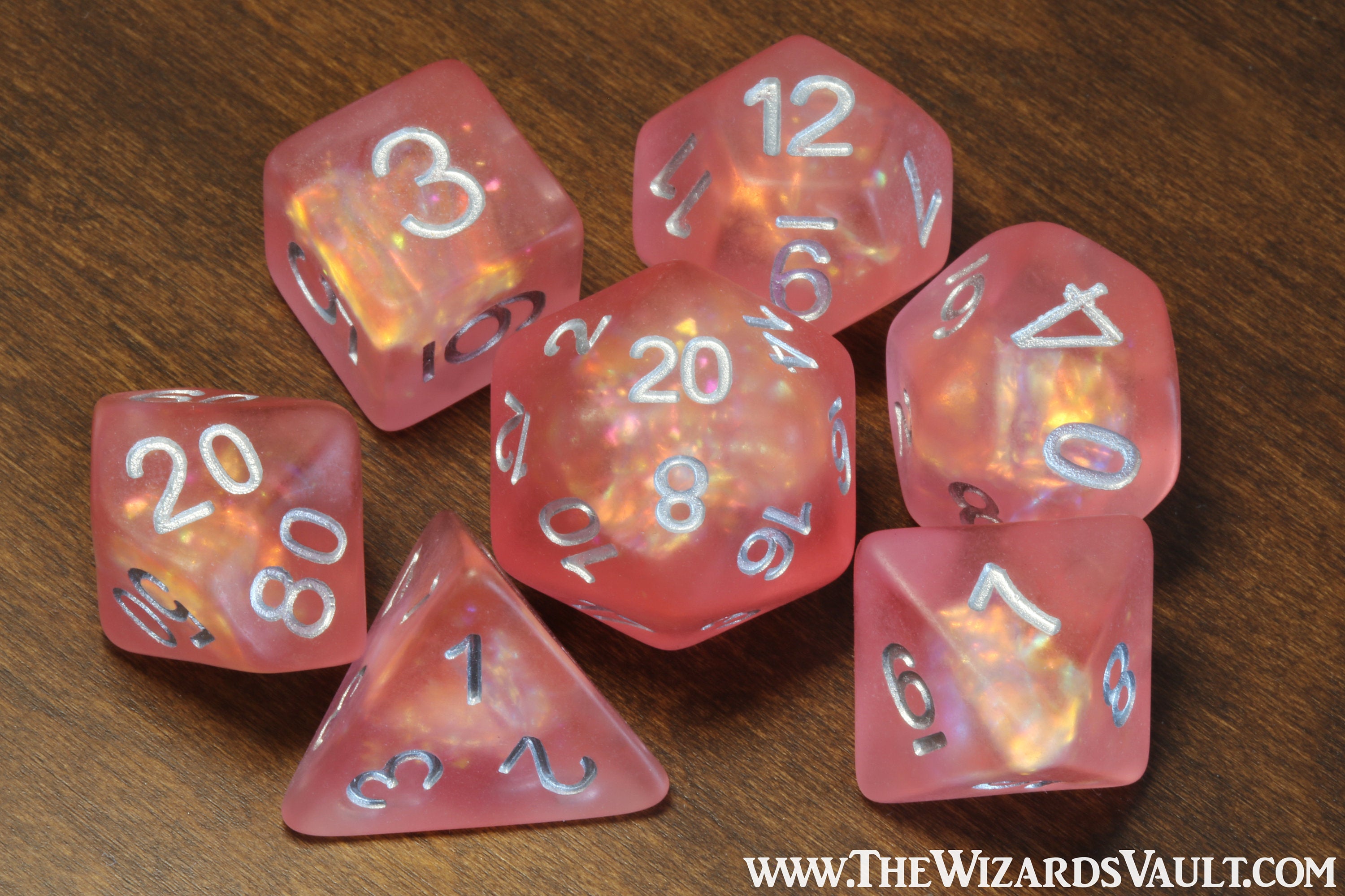 Fire Faerie dice set - Frosted dice set with Holographic inclusions - The Wizard's Vault