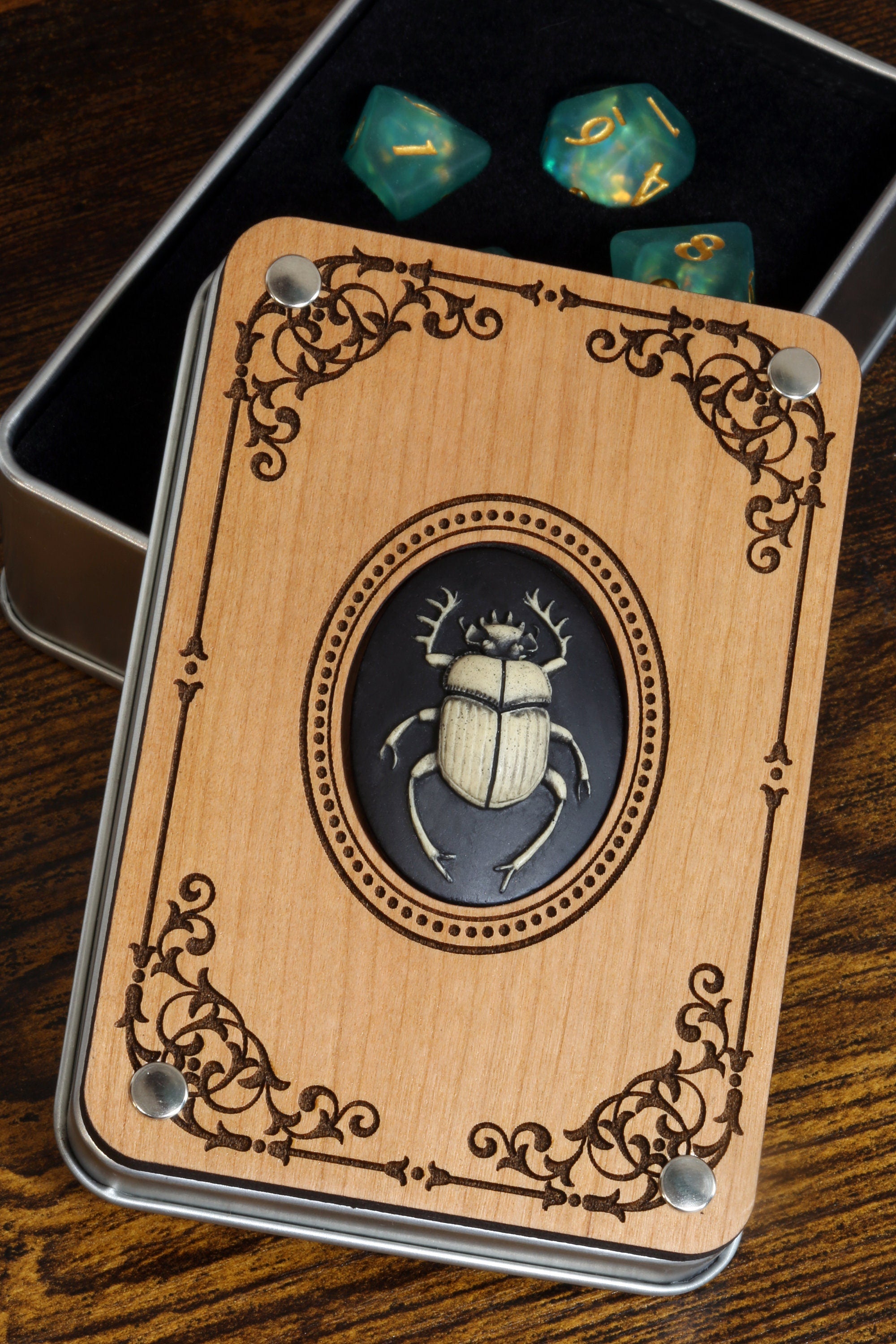 Scarab beetle dice box and Leviathan's Soul Dice Set - The Wizard's Vault