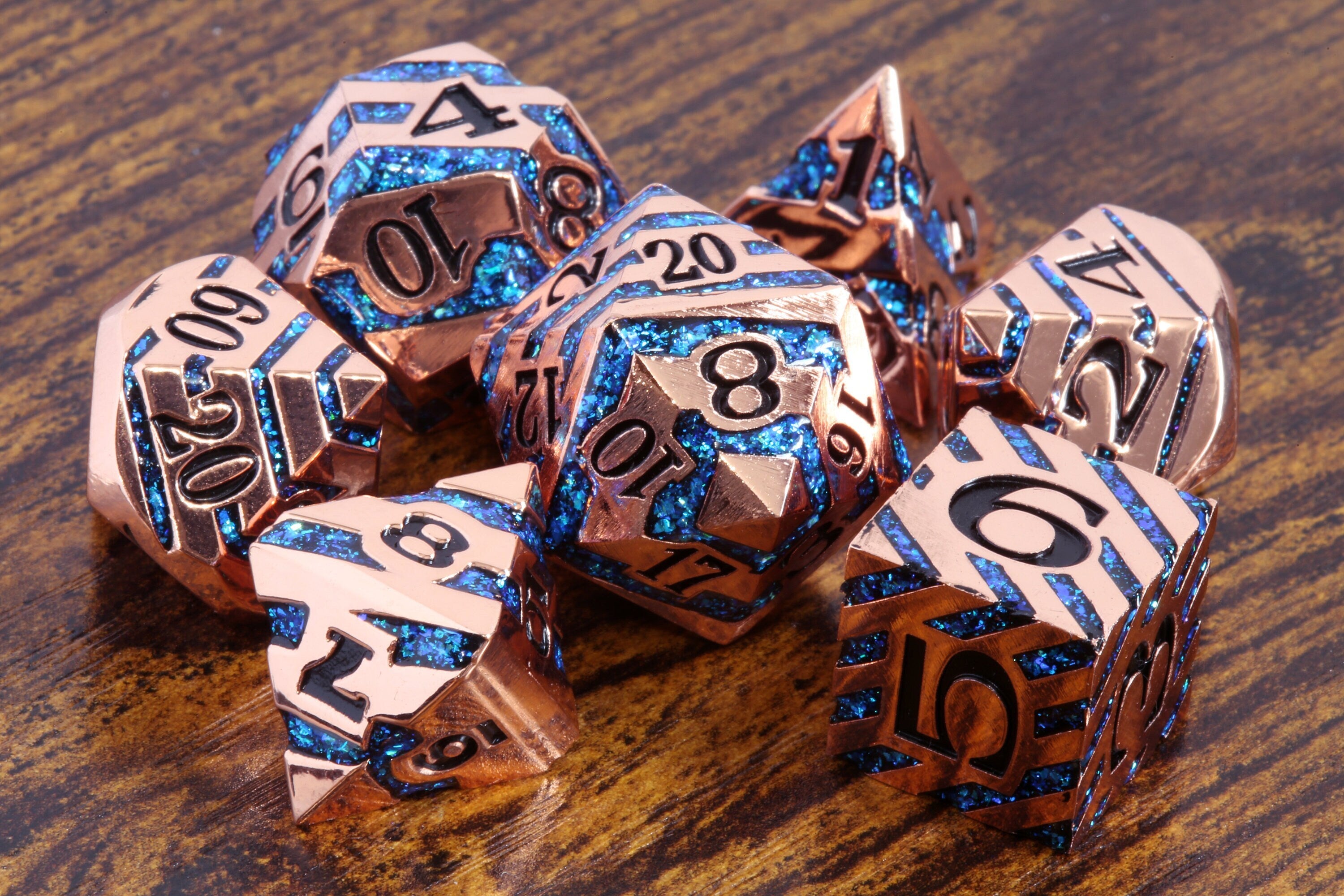 Rift Artifact -Iridescent blue stripe dice with copper metal finish