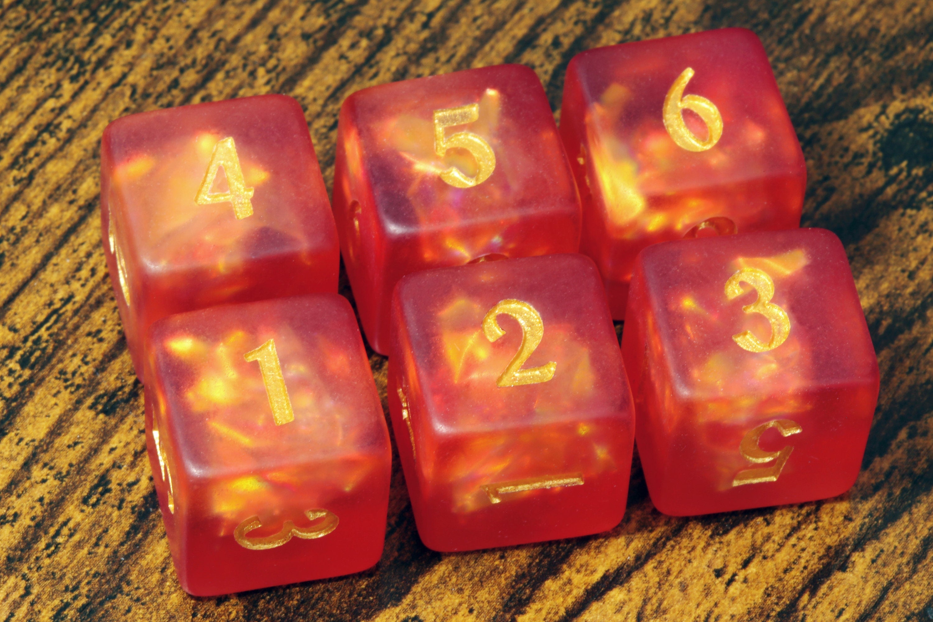 Dragon's Breath D6 dice - Red orange Holographic inclusions , Frosted - The Wizard's Vault