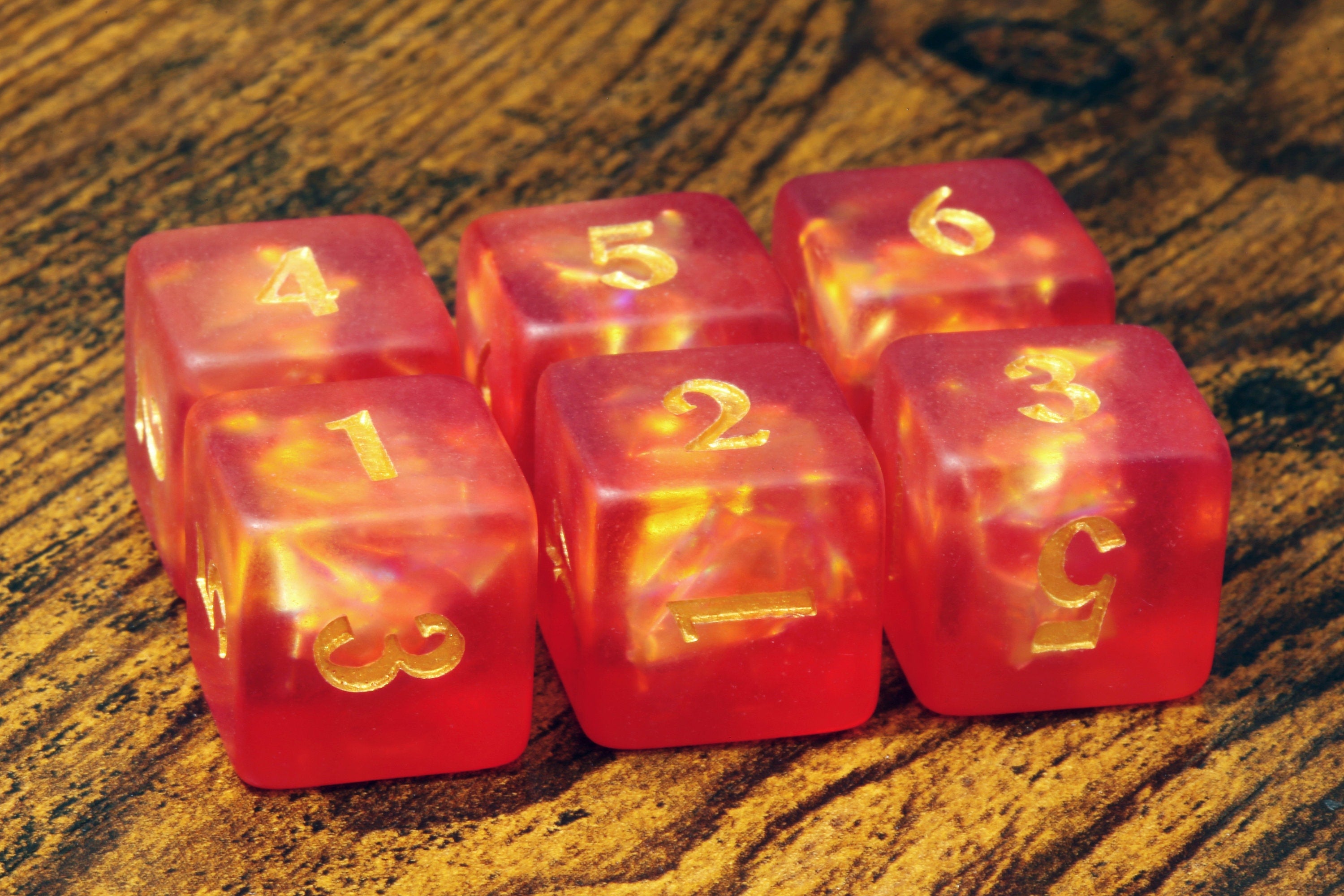 Dragon's Breath D6 dice - Red orange Holographic inclusions , Frosted