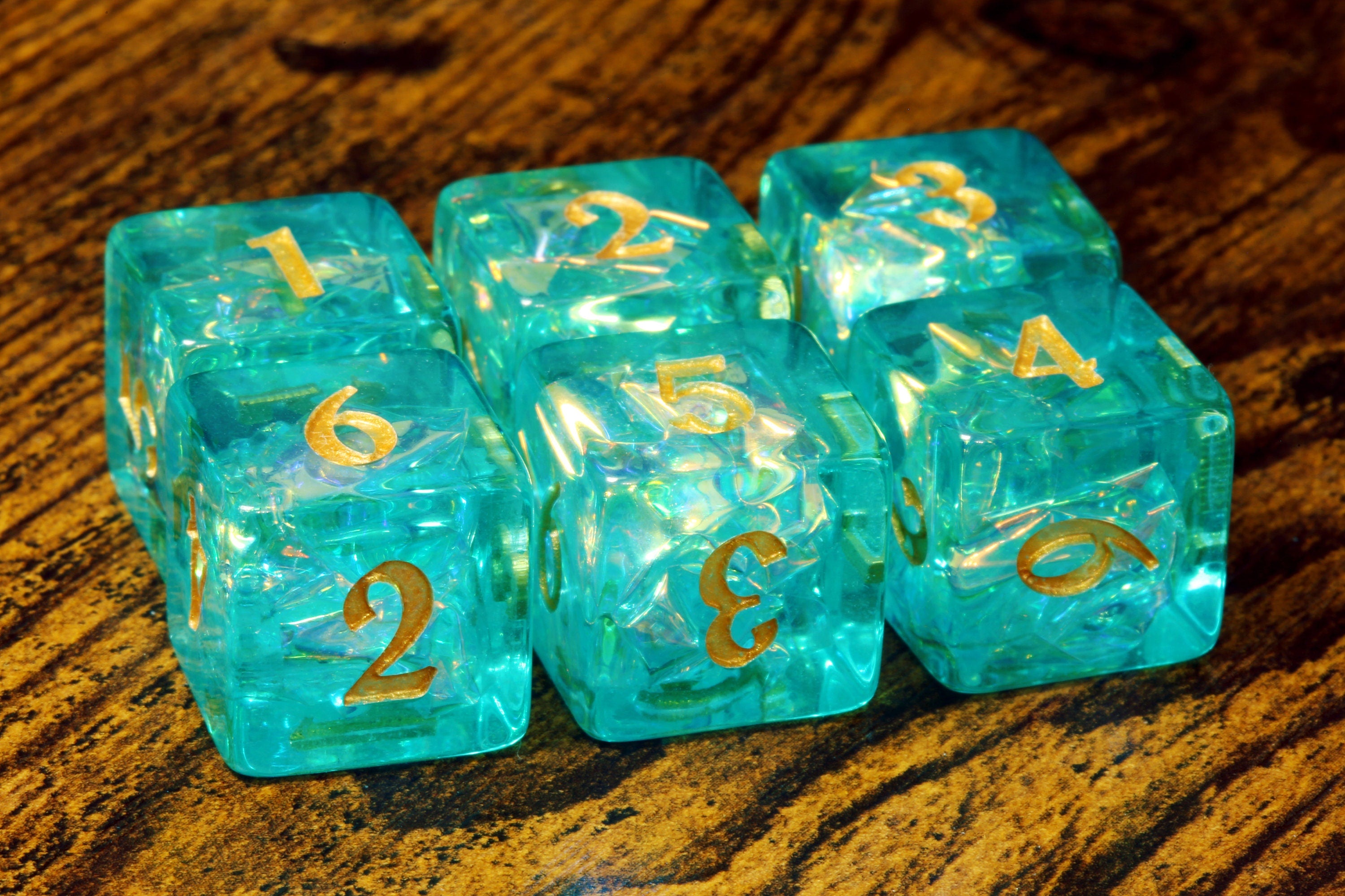 Ocean Opal D6 dice - Turquoise green Holographic inclusions - The Wizard's Vault