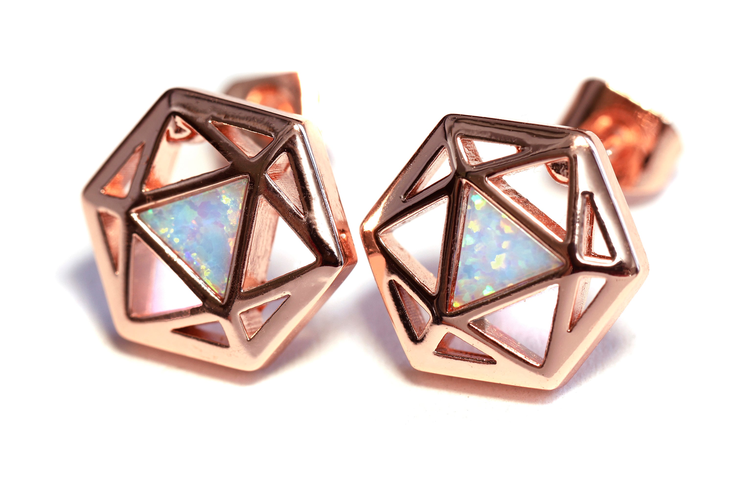 D20 Dice stud earrings, Rose gold dice earrings with light blue opal - The Wizard's Vault