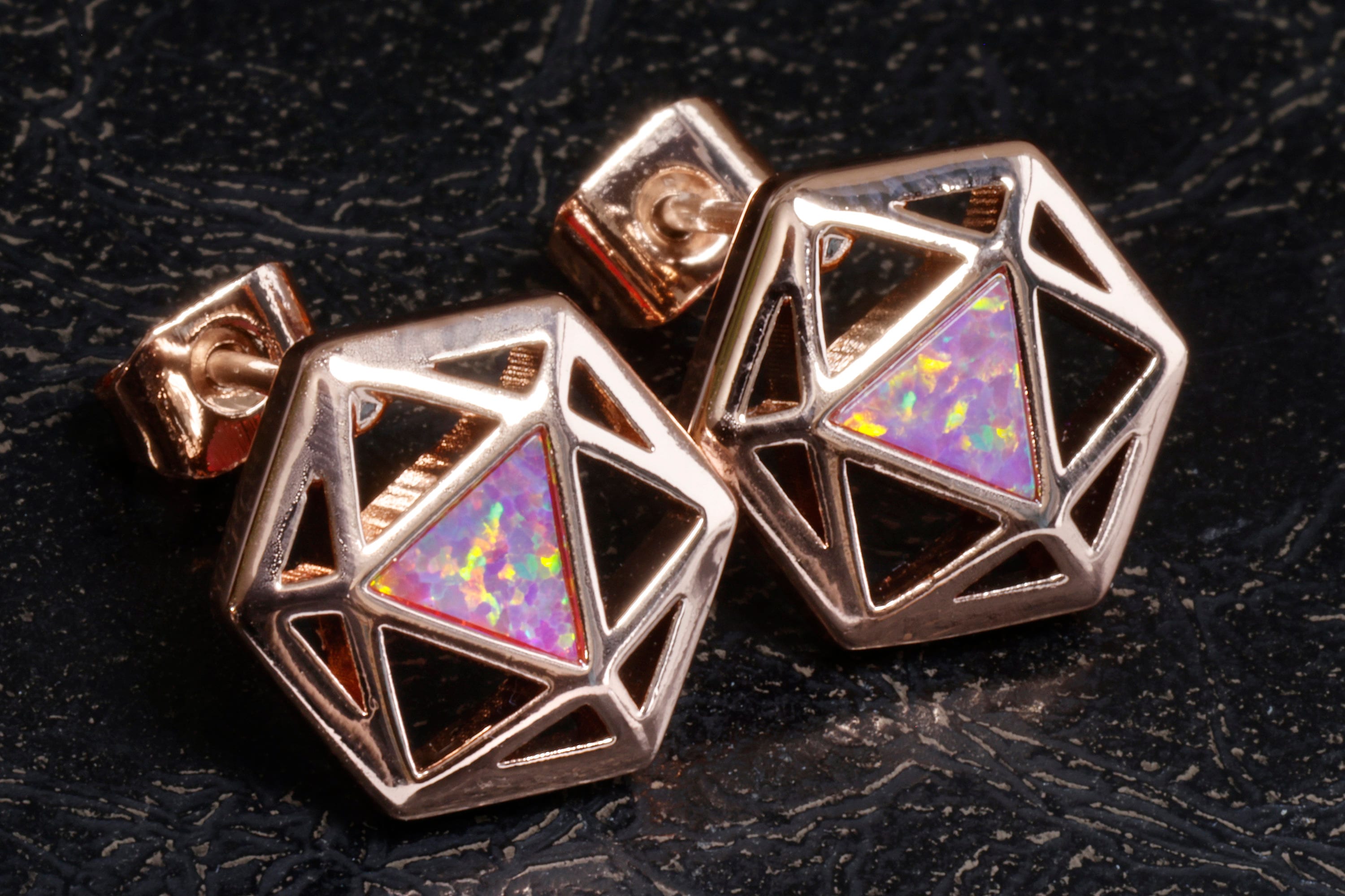 D20 Dice stud earrings, Rose gold dice earrings with light red opal - The Wizard's Vault