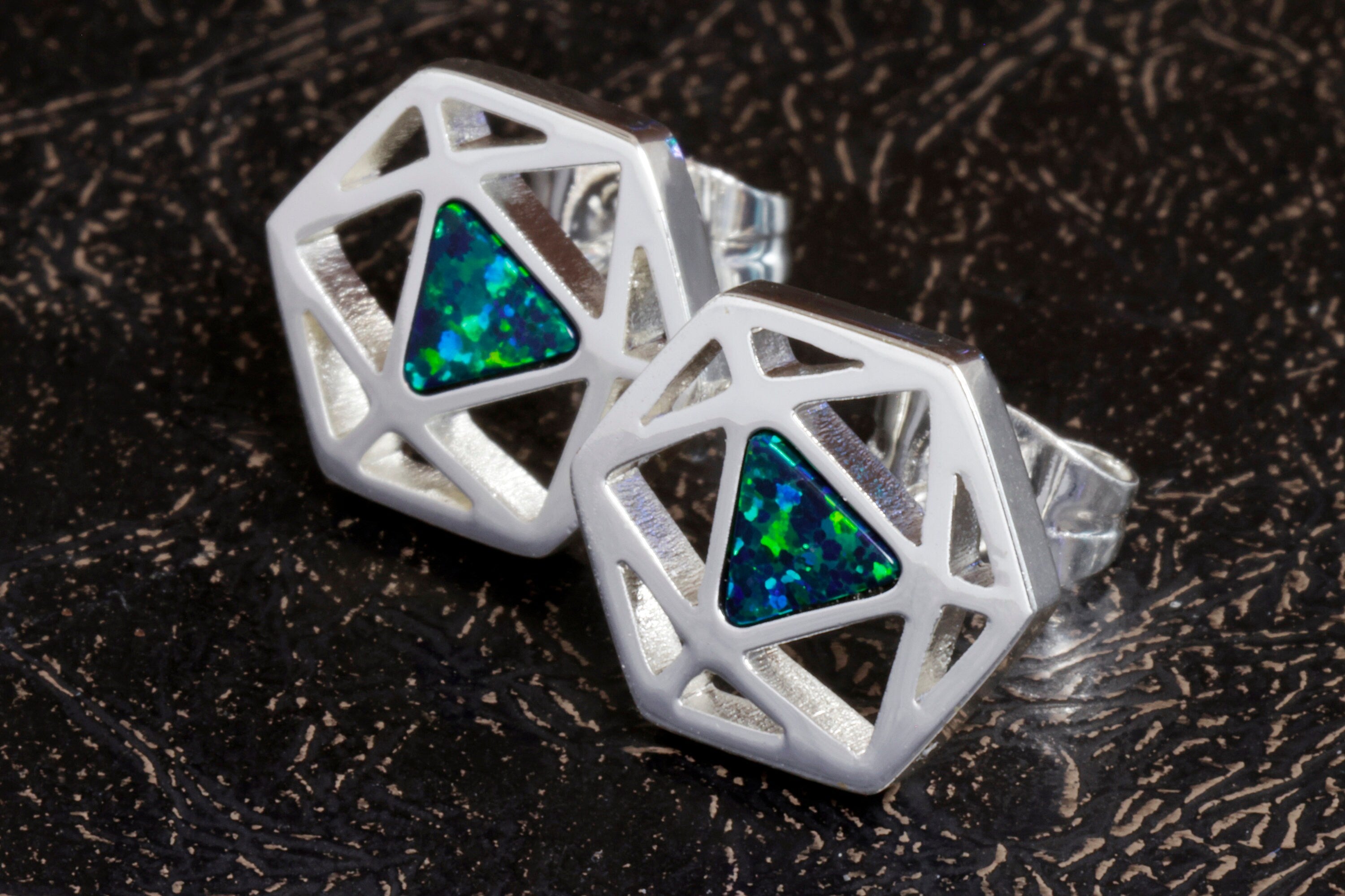 D20 Dice stud earrings, Dice earrings with dark blue black opal - The Wizard's Vault