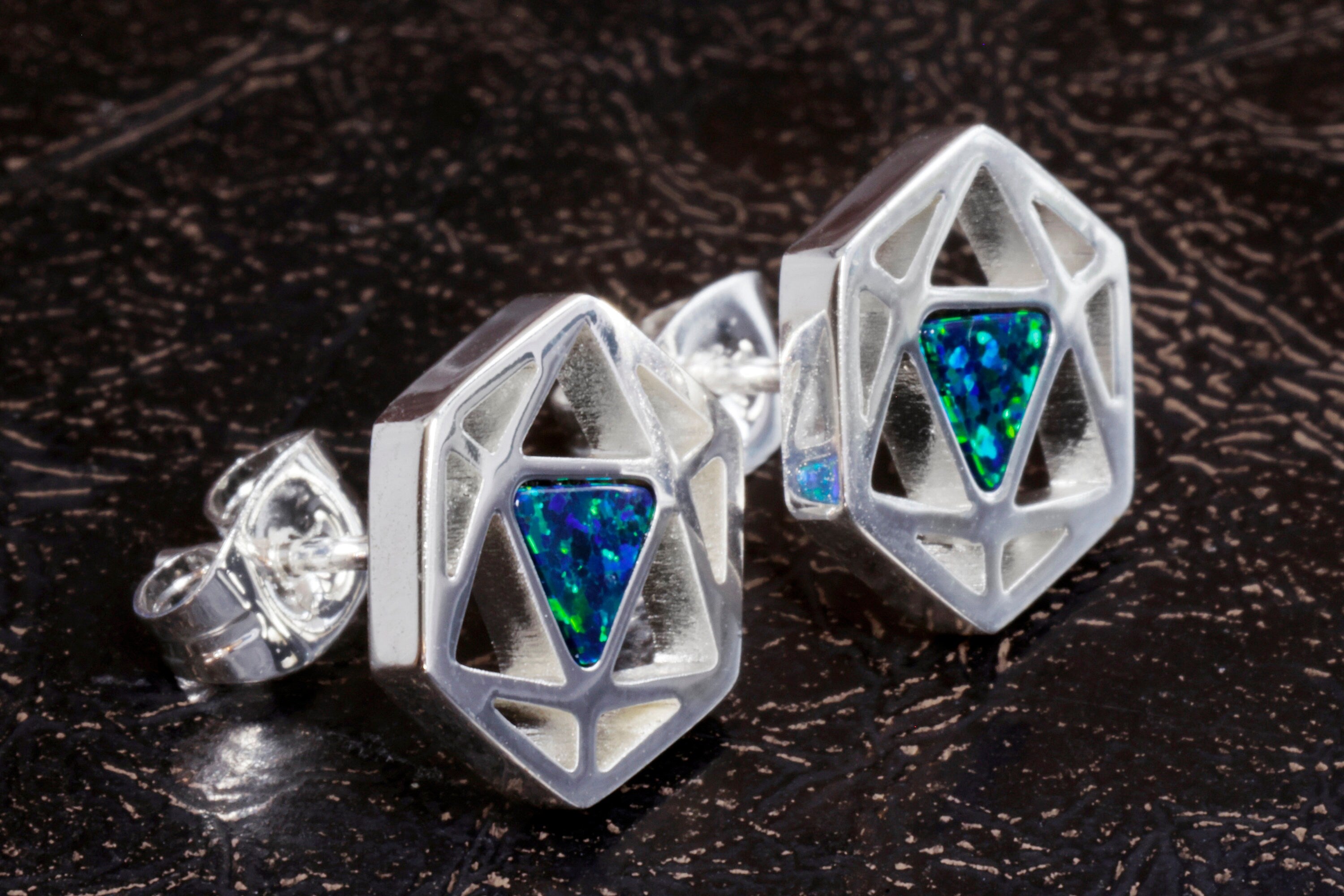 D20 Dice stud earrings, Dice earrings with dark blue black opal - The Wizard's Vault