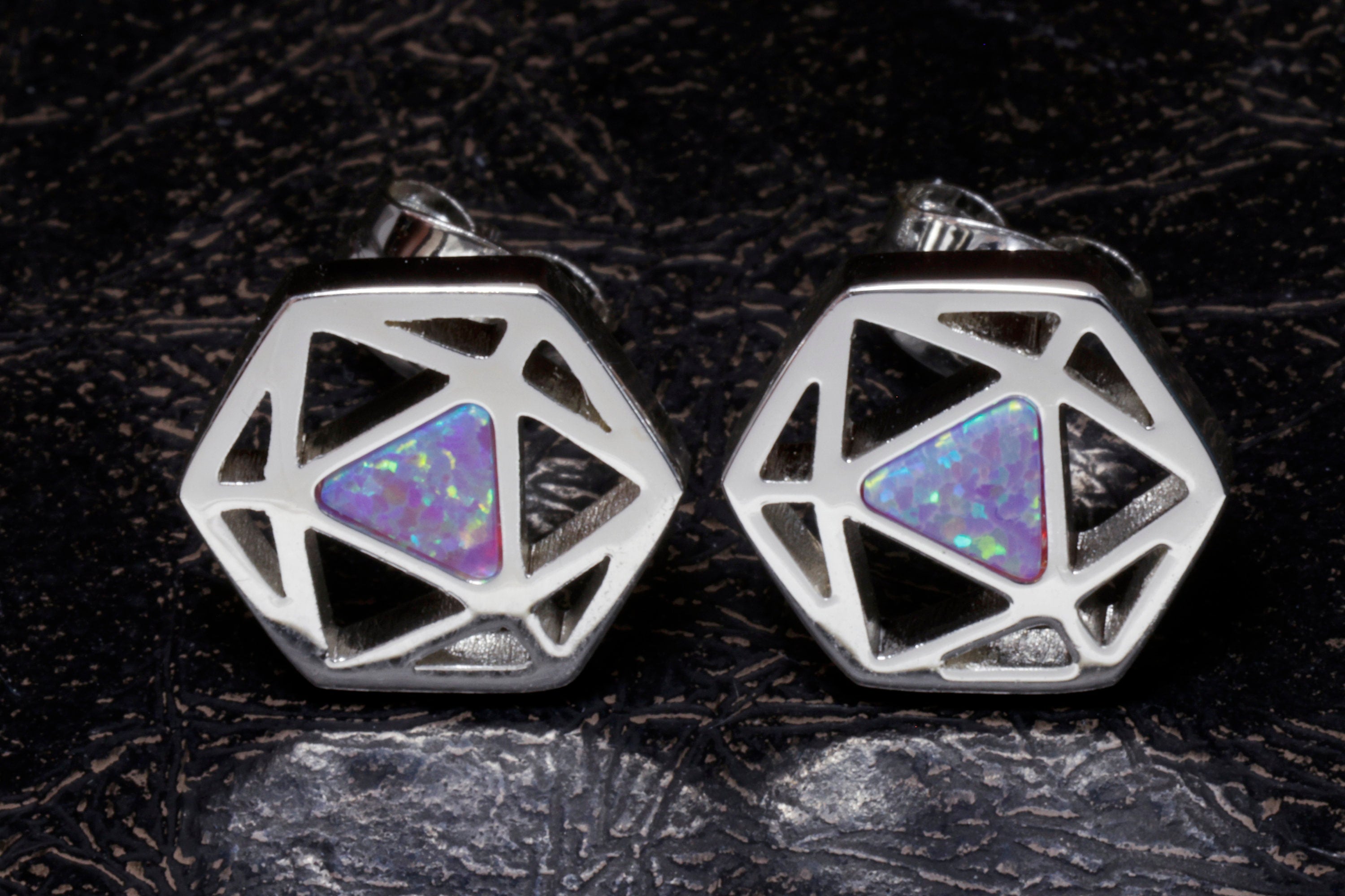 D20 Dice stud earrings, Dice earrings with dark blue black opal - The Wizard's Vault