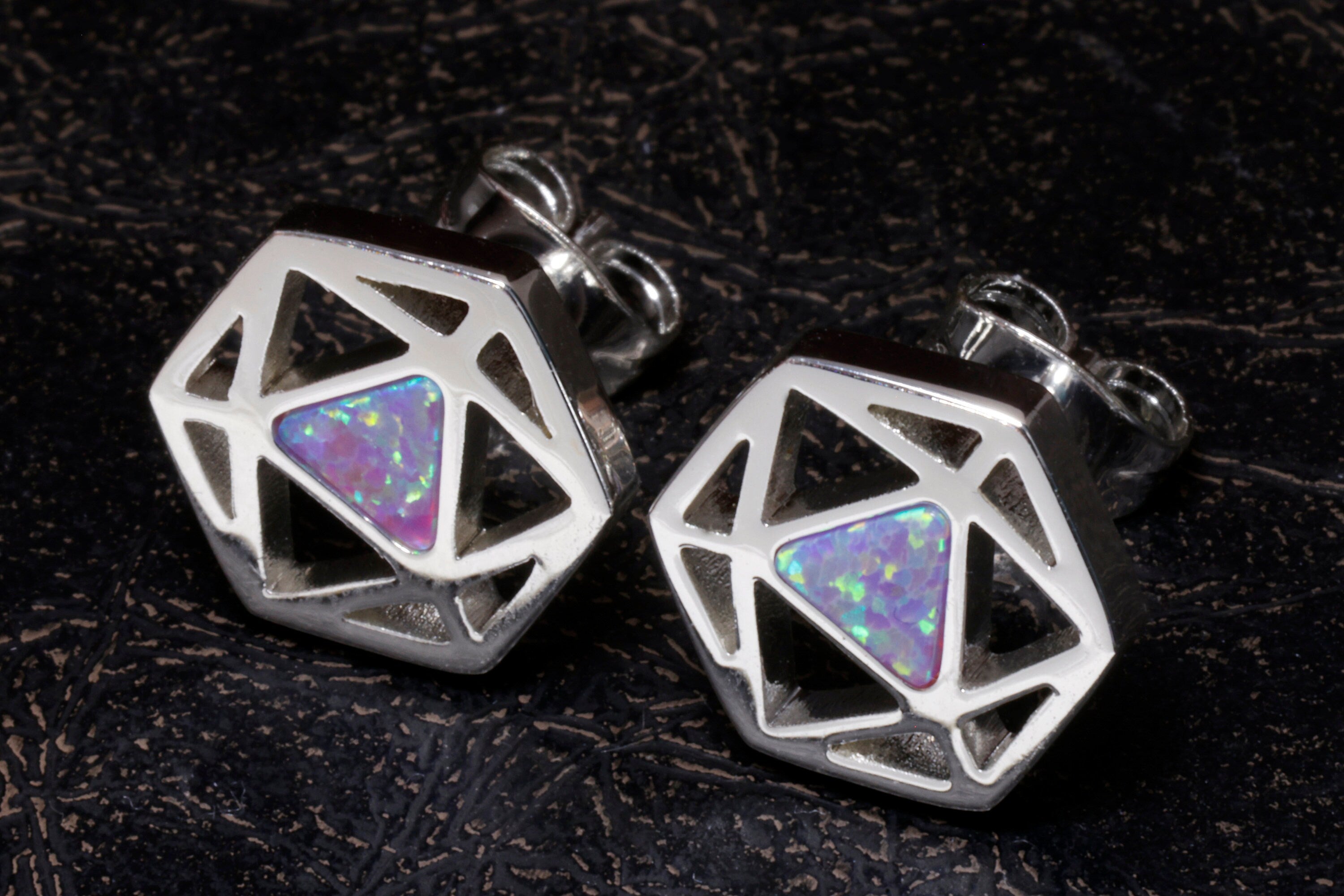 D20 Dice stud earrings, Dice earrings with dark blue black opal - The Wizard's Vault
