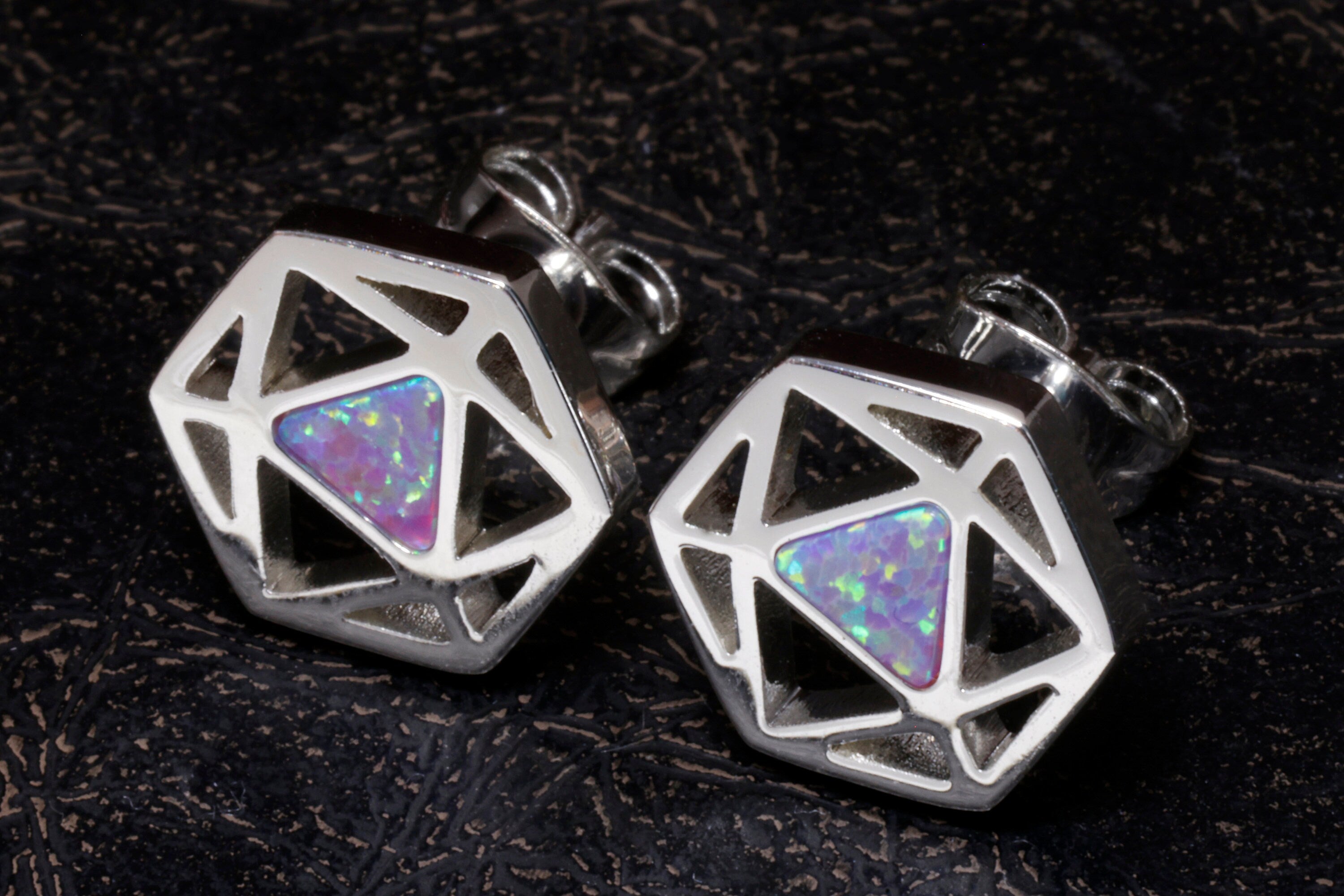 D20 Dice stud earrings, Dice earrings with dark blue black opal