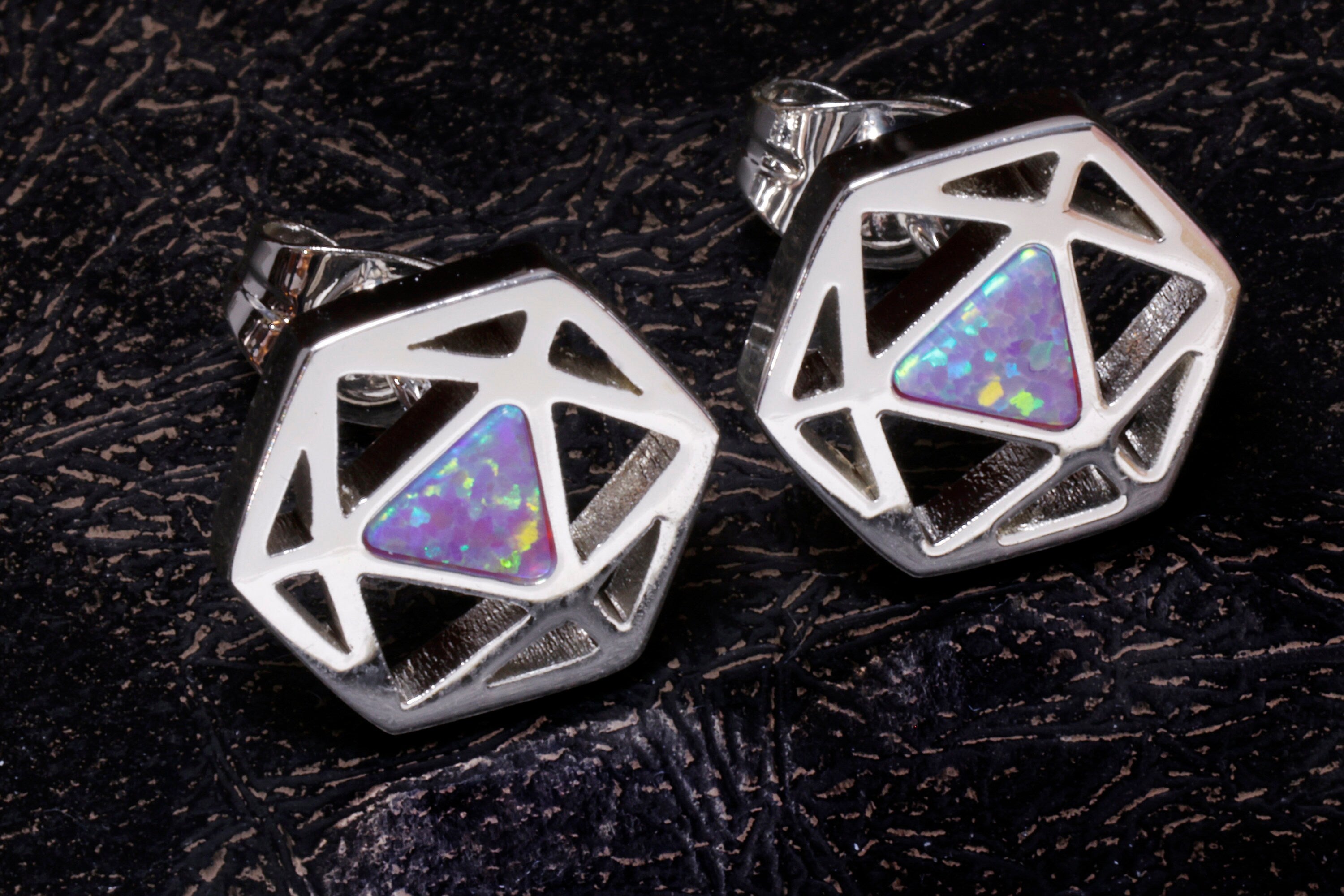 D20 Dice stud earrings, Dice earrings with dark blue black opal - The Wizard's Vault