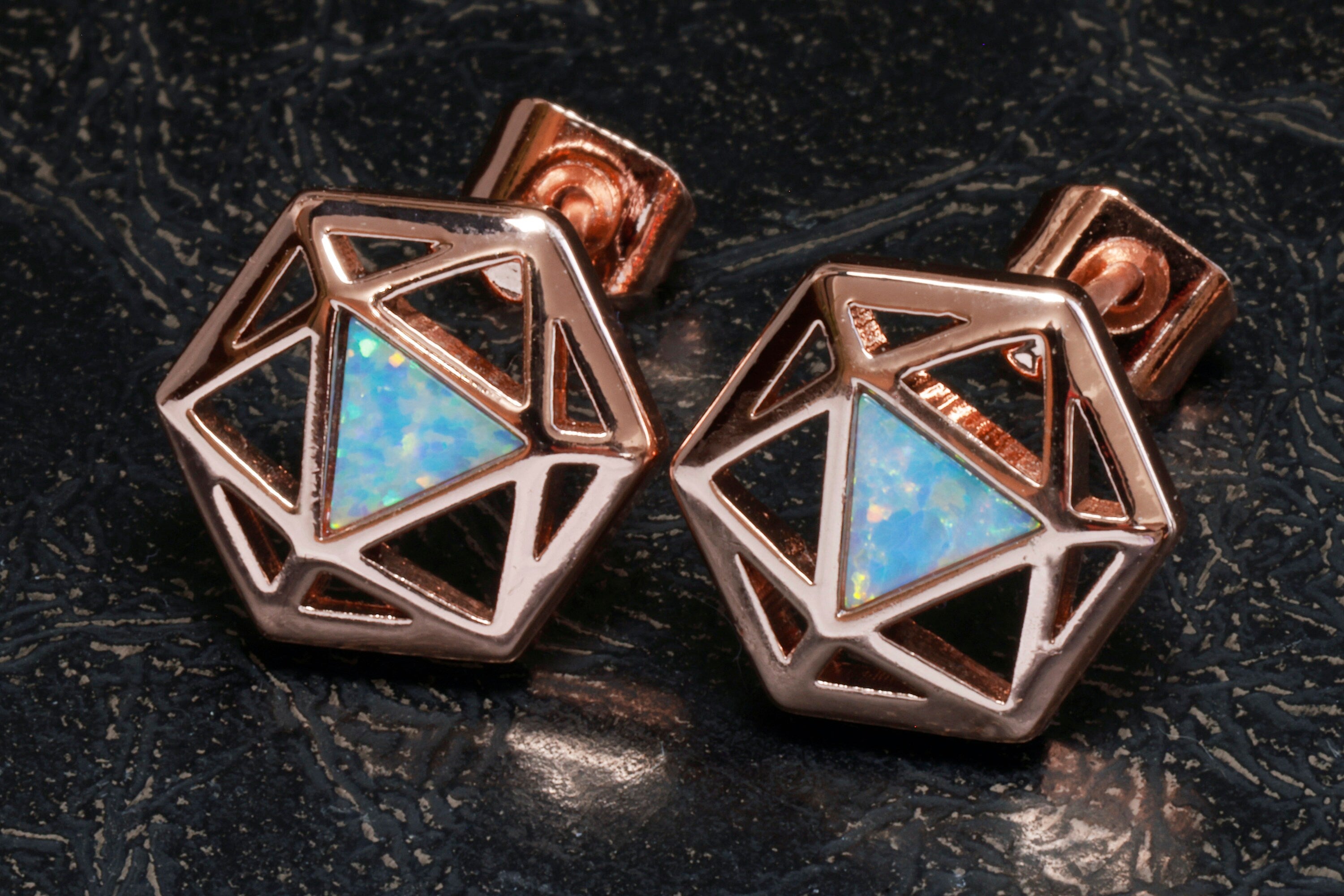 D20 Dice stud earrings, Rose gold dice earrings with light blue opal - The Wizard's Vault