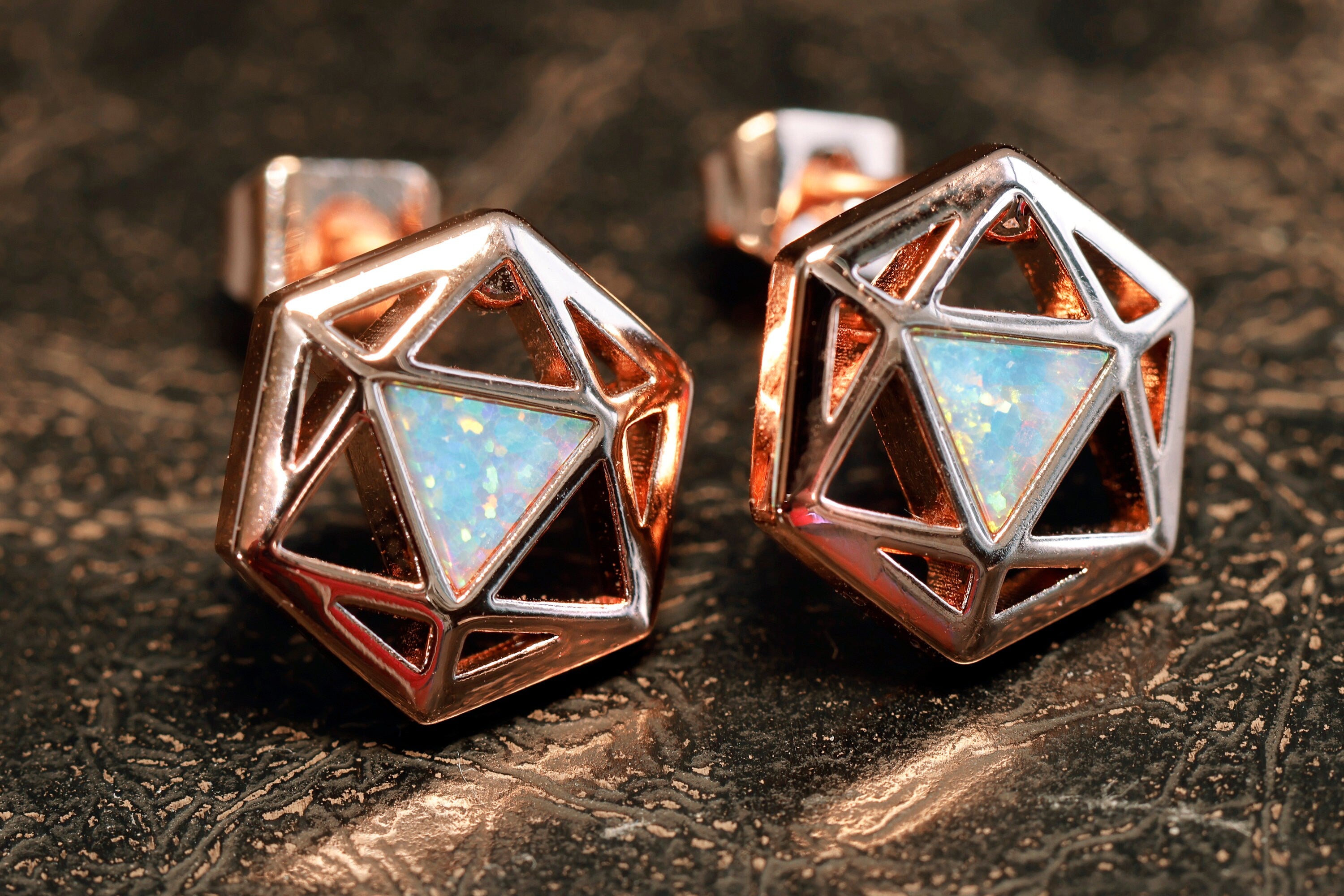D20 Dice stud earrings, Rose gold dice earrings with light blue opal - The Wizard's Vault